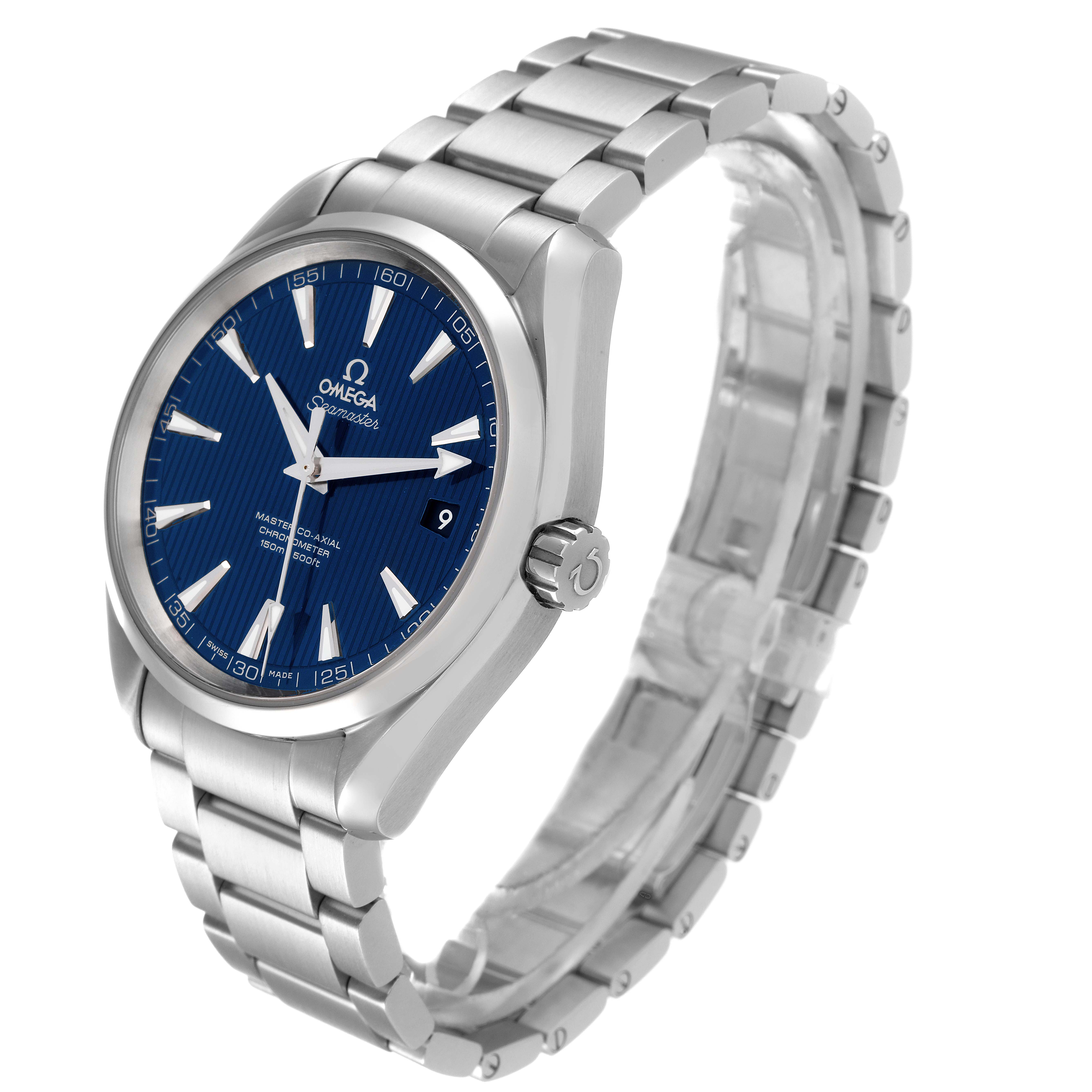A three-quarter view of the Omega Aqua Terra 231.10.42.21.03.003 Men
s Stainless Steel Blue Dial 231.10.42.21.03.003 Men
s Stainless Steel Blue Dial watch, showing the dial, bezel, crown, and stainless steel bracelet.