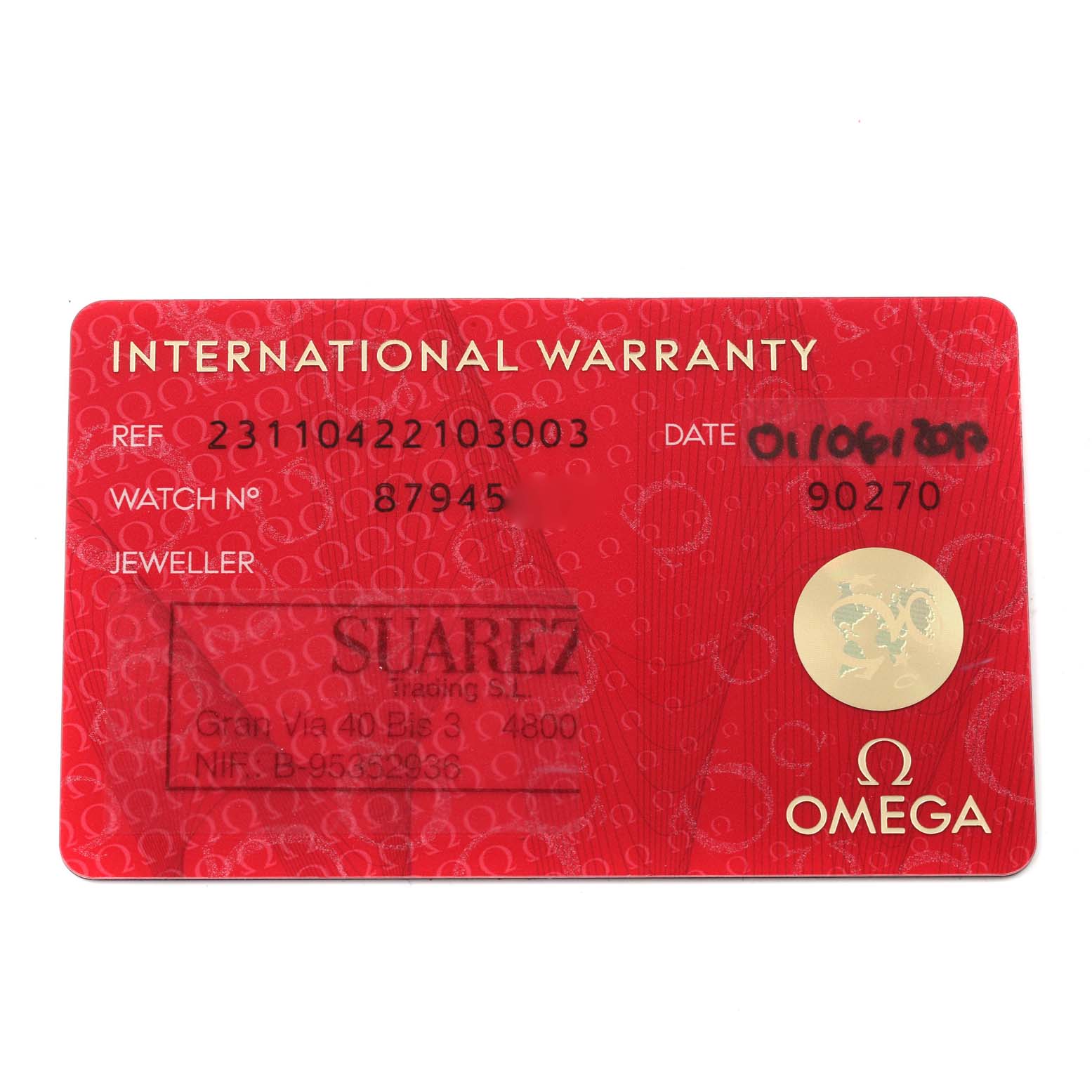 This image shows the international warranty card for the Omega Aqua Terra 231.10.42.21.03.003 Men
s Stainless Steel Blue Dial 231.10.42.21.03.003 Men
s Stainless Steel Blue Dial watch.