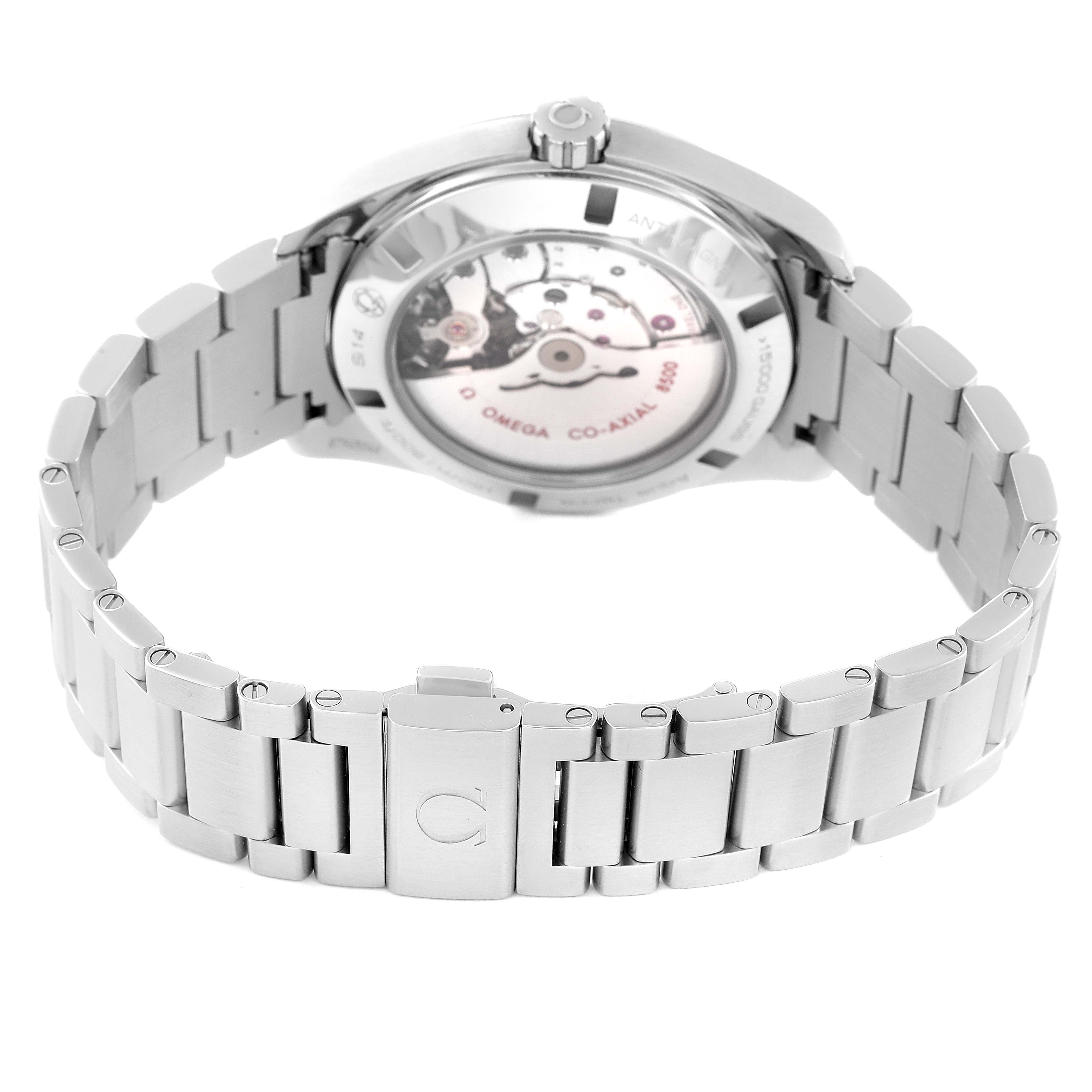 The image shows the back of an Omega Aqua Terra 231.10.42.21.03.003 Men
s Stainless Steel Blue Dial 231.10.42.21.03.003 Men
s Stainless Steel Blue Dial watch, highlighting its case back, movement, and metal bracelet.