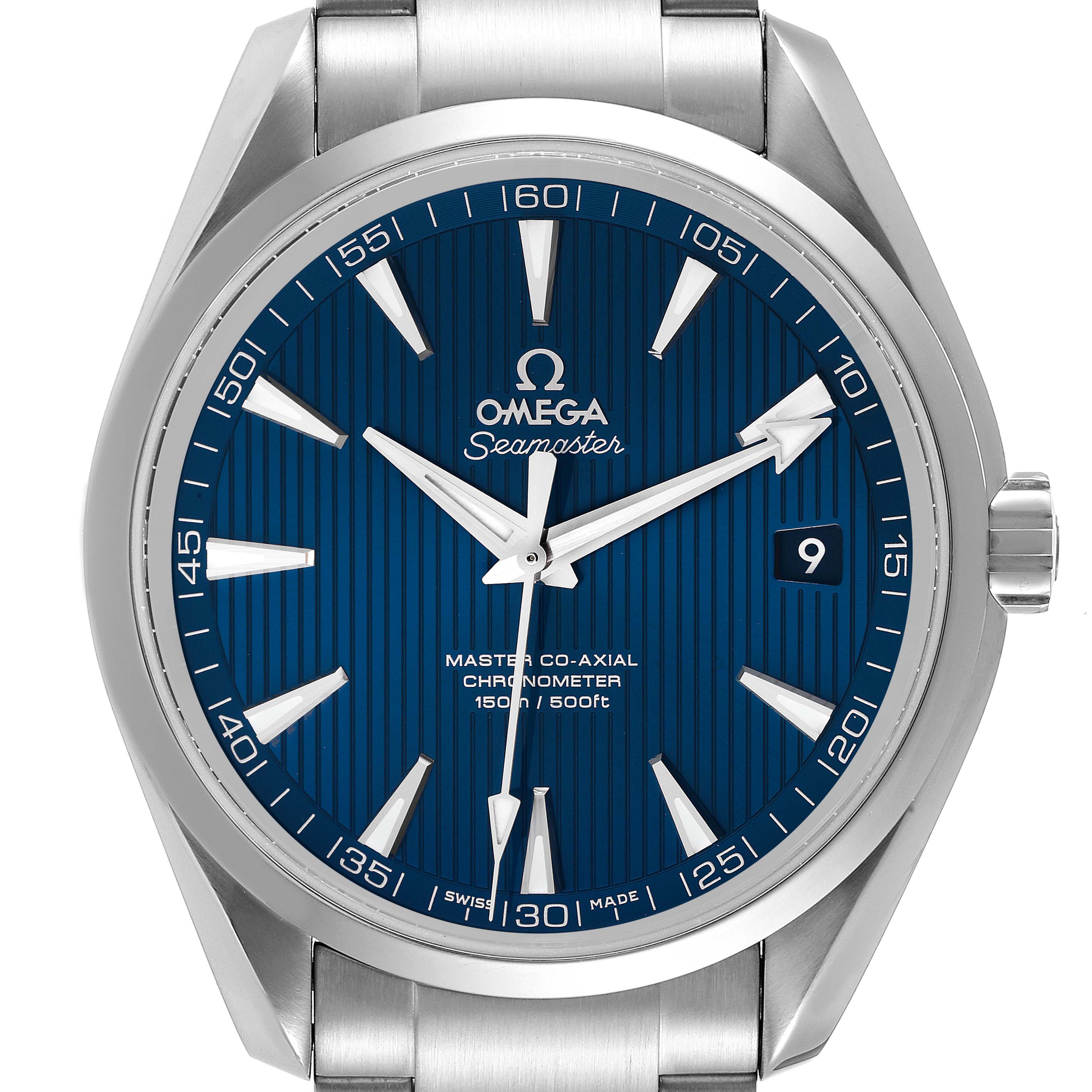 The Omega Aqua Terra 231.10.42.21.03.003 Men
s Stainless Steel Blue Dial 231.10.42.21.03.003 Men
s Stainless Steel Blue Dial watch is shown from a front angle, displaying the dial, hands, markers, and part of the bracelet.