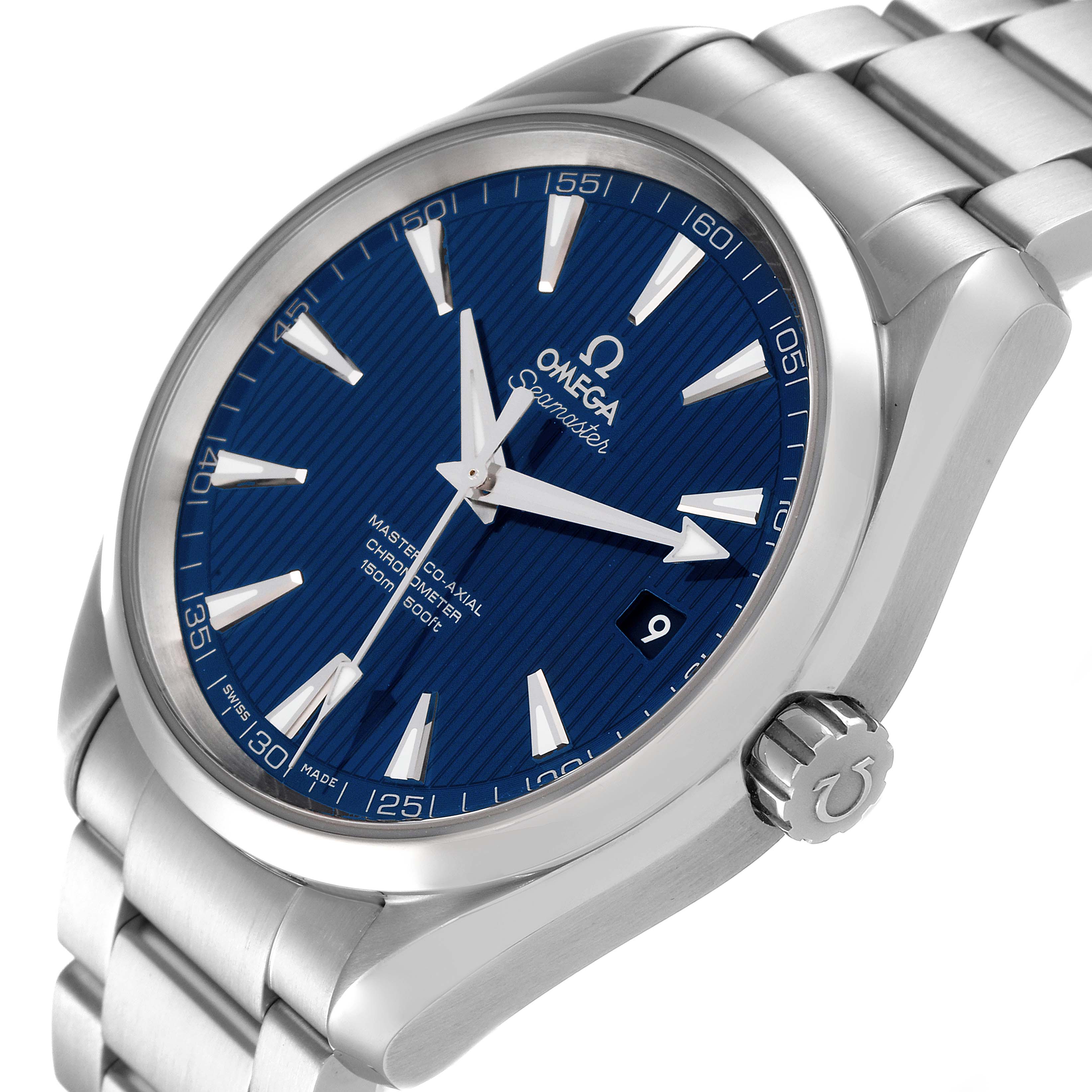 The Omega Aqua Terra 231.10.42.21.03.003 Men
s Stainless Steel Blue Dial 231.10.42.21.03.003 Men
s Stainless Steel Blue Dial watch is shown from an angled view, highlighting the dial, case, crown, and part of the bracelet.