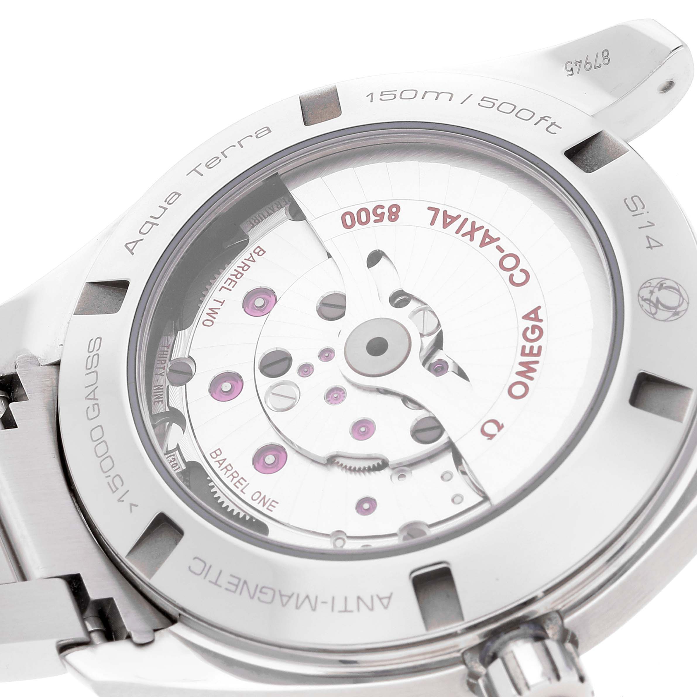 The image shows the back view of the Omega Aqua Terra 231.10.42.21.03.003 Men
s Stainless Steel Blue Dial 231.10.42.21.03.003 Men
s Stainless Steel Blue Dial watch, revealing its inner mechanism and inscriptions on the case.