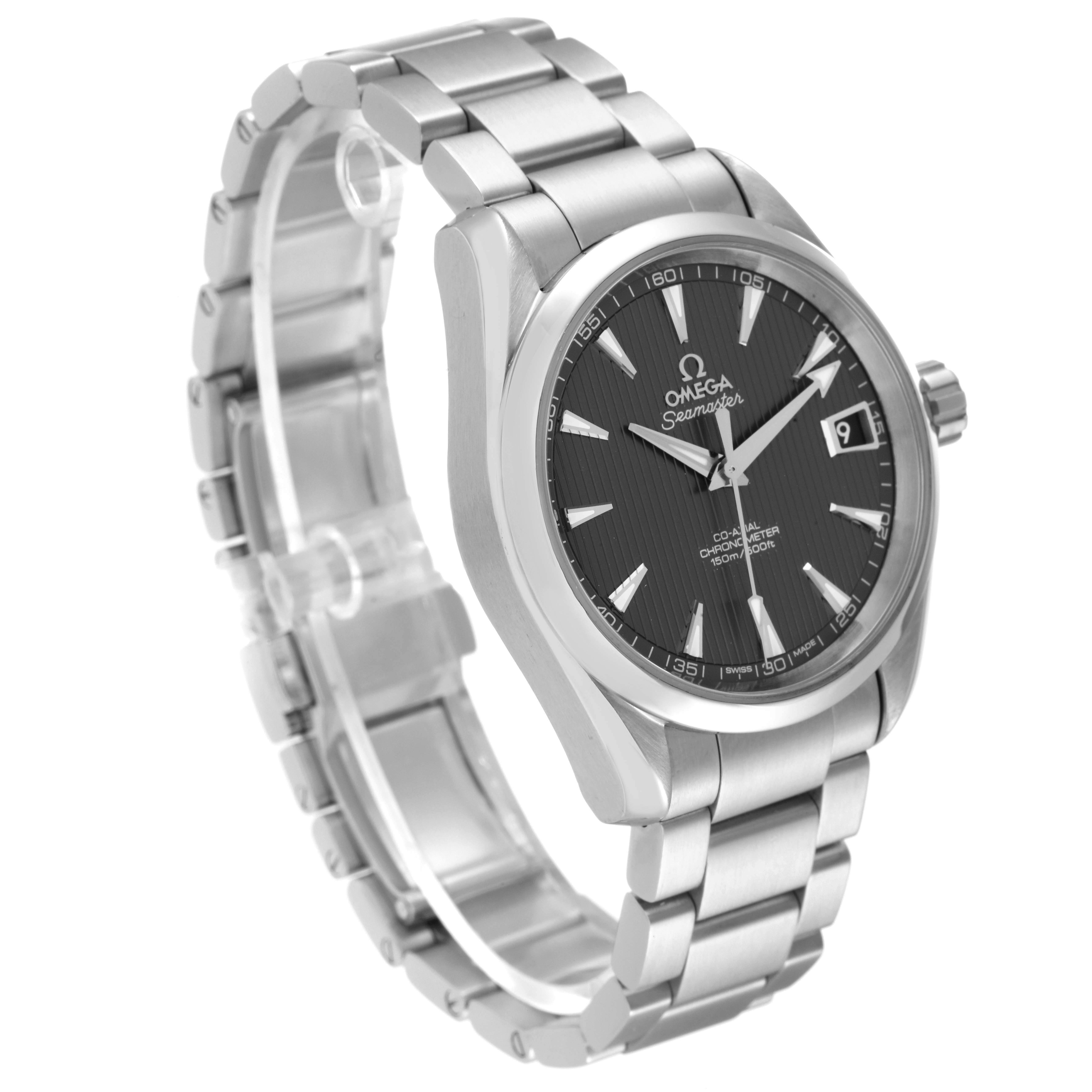 The Omega Aqua Terra 231.10.39.21.06.001 Men's Stainless Steel Grey Dial 231.10.39.21.06.001 Men's Stainless Steel Grey Dial watch is shown at a three-quarter angle, displaying the face, crown, and metal bracelet.