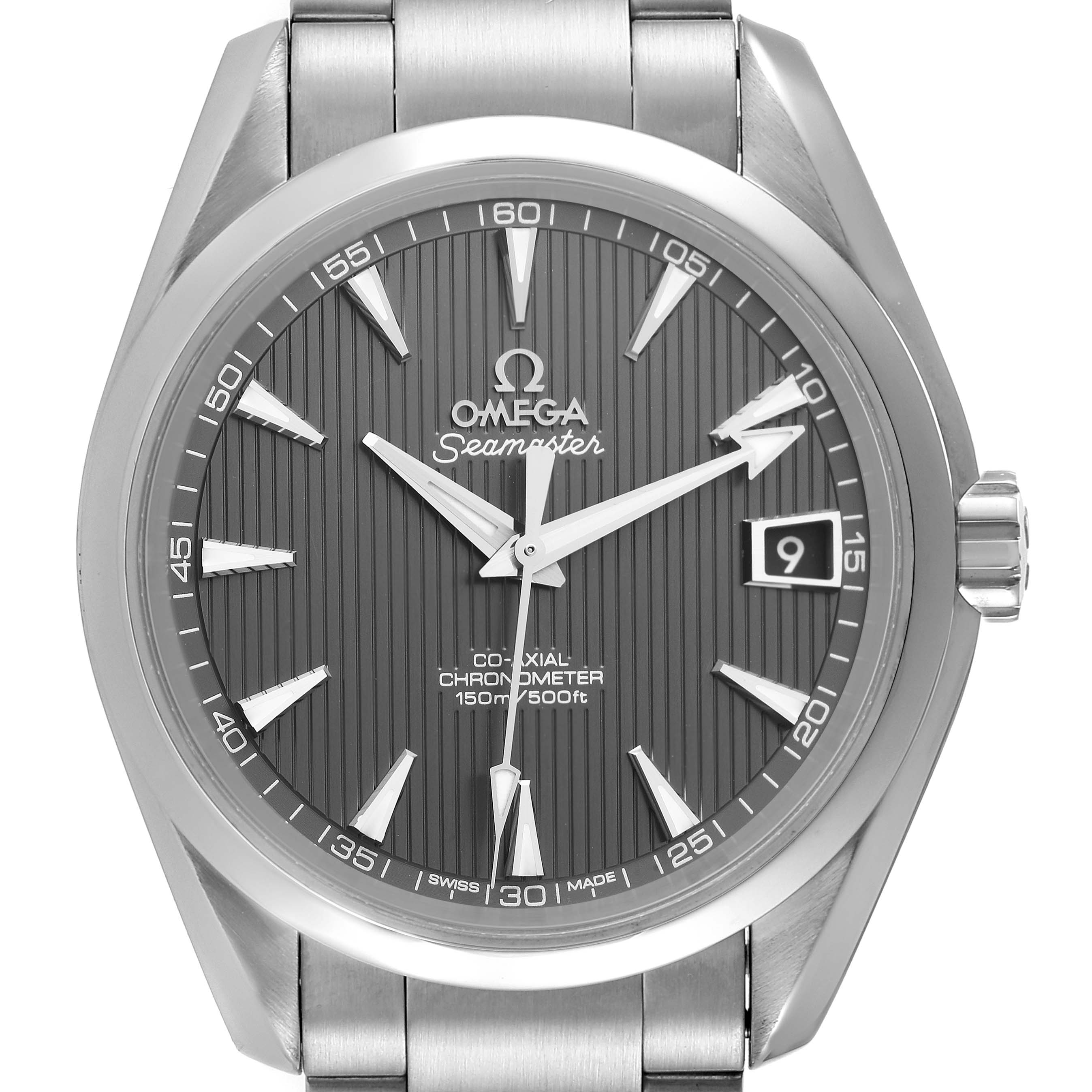 The Omega Aqua Terra 231.10.39.21.06.001 Men's Stainless Steel Grey Dial 231.10.39.21.06.001 Men's Stainless Steel Grey Dial watch is shown from the front, displaying its dial, hands, date window, and part of its metal bracelet.