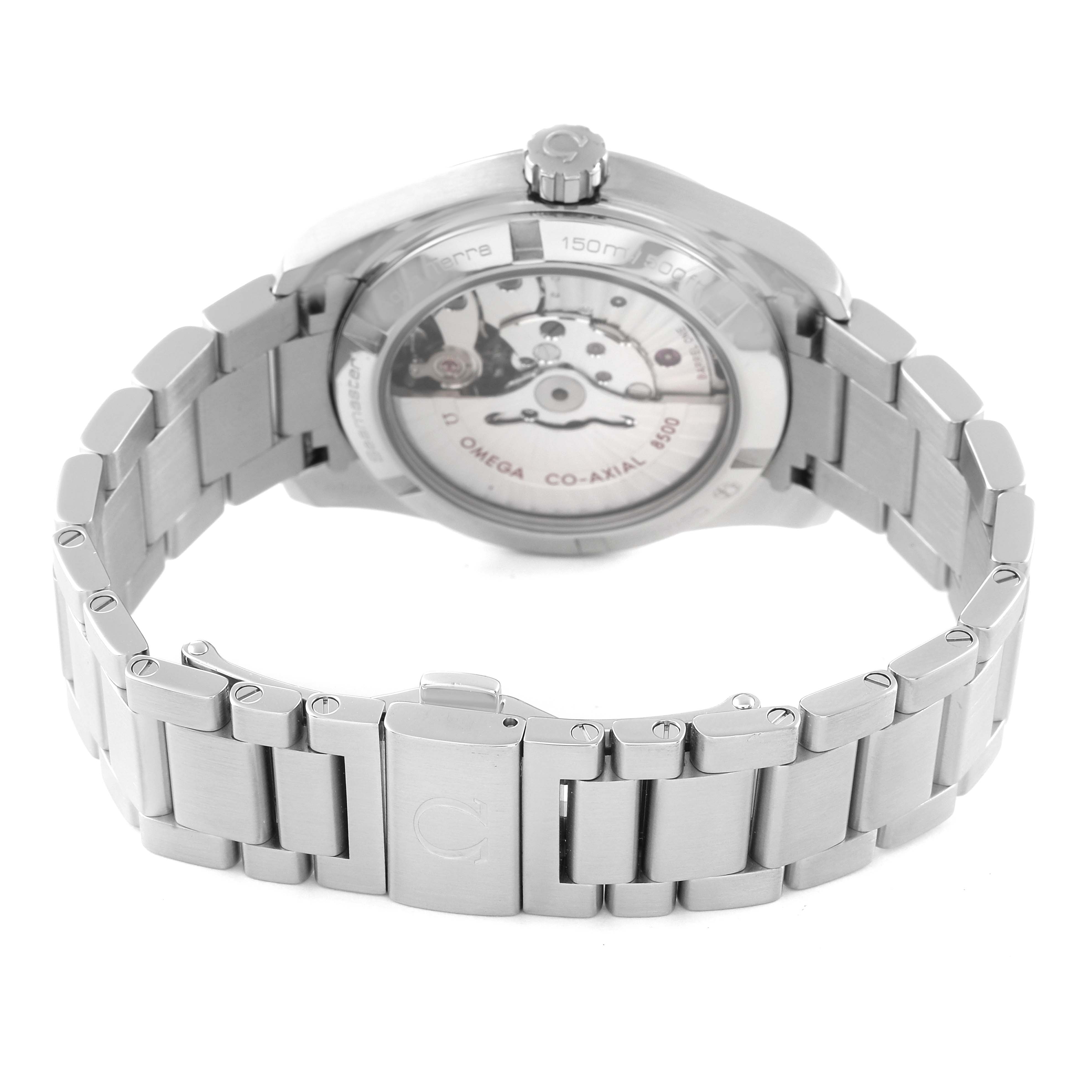 The image shows the back and bracelet of an Omega Aqua Terra 231.10.39.21.06.001 Men's Stainless Steel Grey Dial 231.10.39.21.06.001 Men's Stainless Steel Grey Dial watch, emphasizing the co-axial movement mechanism and clasp.