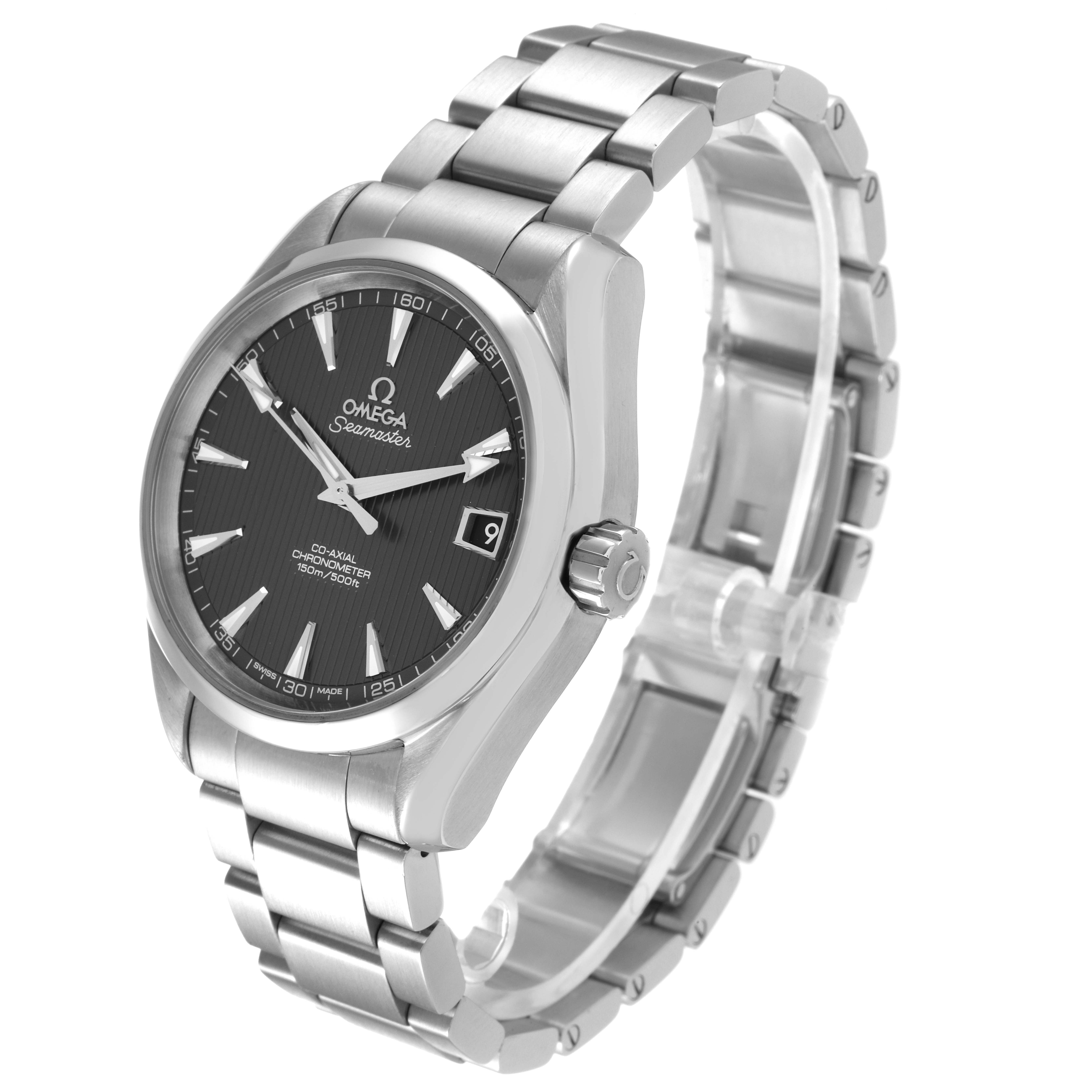 The image shows an Omega Aqua Terra 231.10.39.21.06.001 Men's Stainless Steel Grey Dial 231.10.39.21.06.001 Men's Stainless Steel Grey Dial watch from a front left angle, displaying the dial, crown, and stainless steel bracelet.