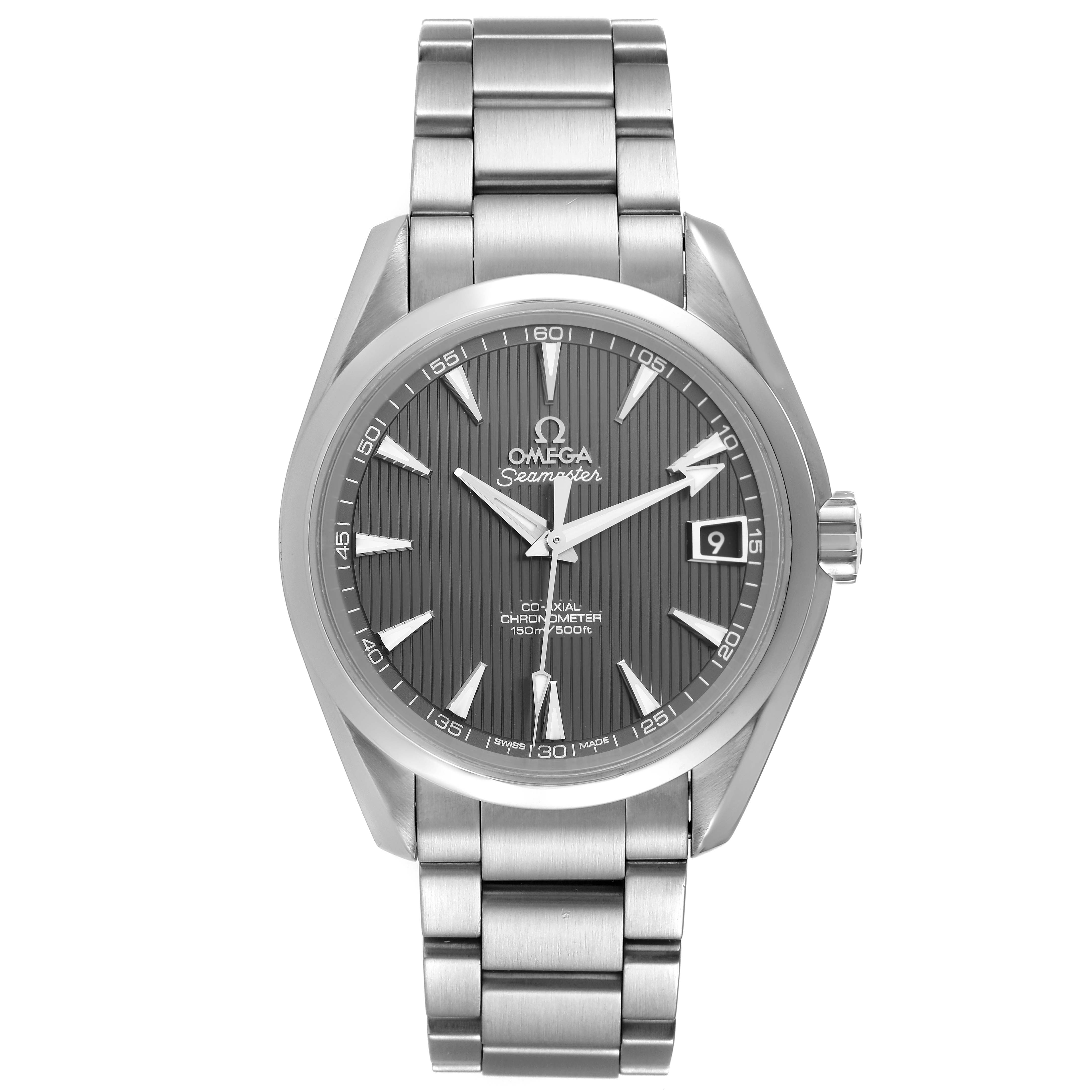 This image displays a front view of the Omega Aqua Terra 231.10.39.21.06.001 Men's Stainless Steel Grey Dial 231.10.39.21.06.001 Men's Stainless Steel Grey Dial timepiece, showcasing its dial, bracelet, and bezel.