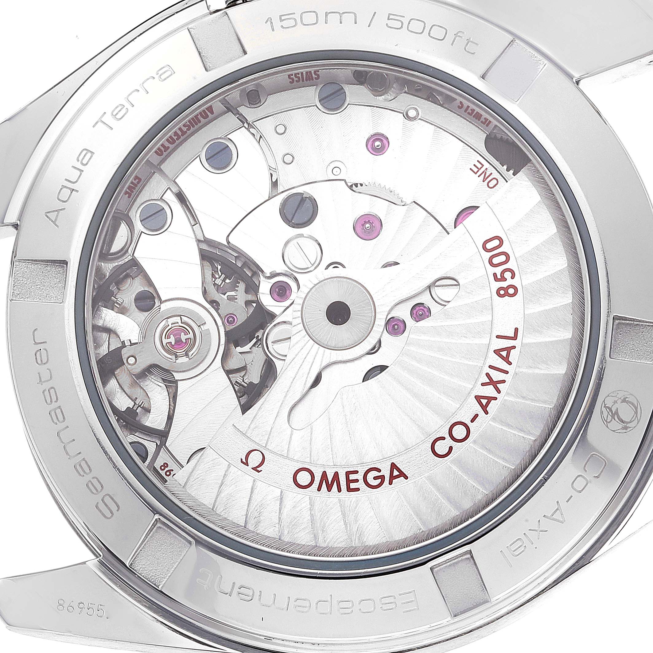 The image shows the back casing and internal movement of the Omega Aqua Terra 231.10.39.21.06.001 Men's Stainless Steel Grey Dial 231.10.39.21.06.001 Men's Stainless Steel Grey Dial watch, highlighting the Co-Axial 8500 mechanism.