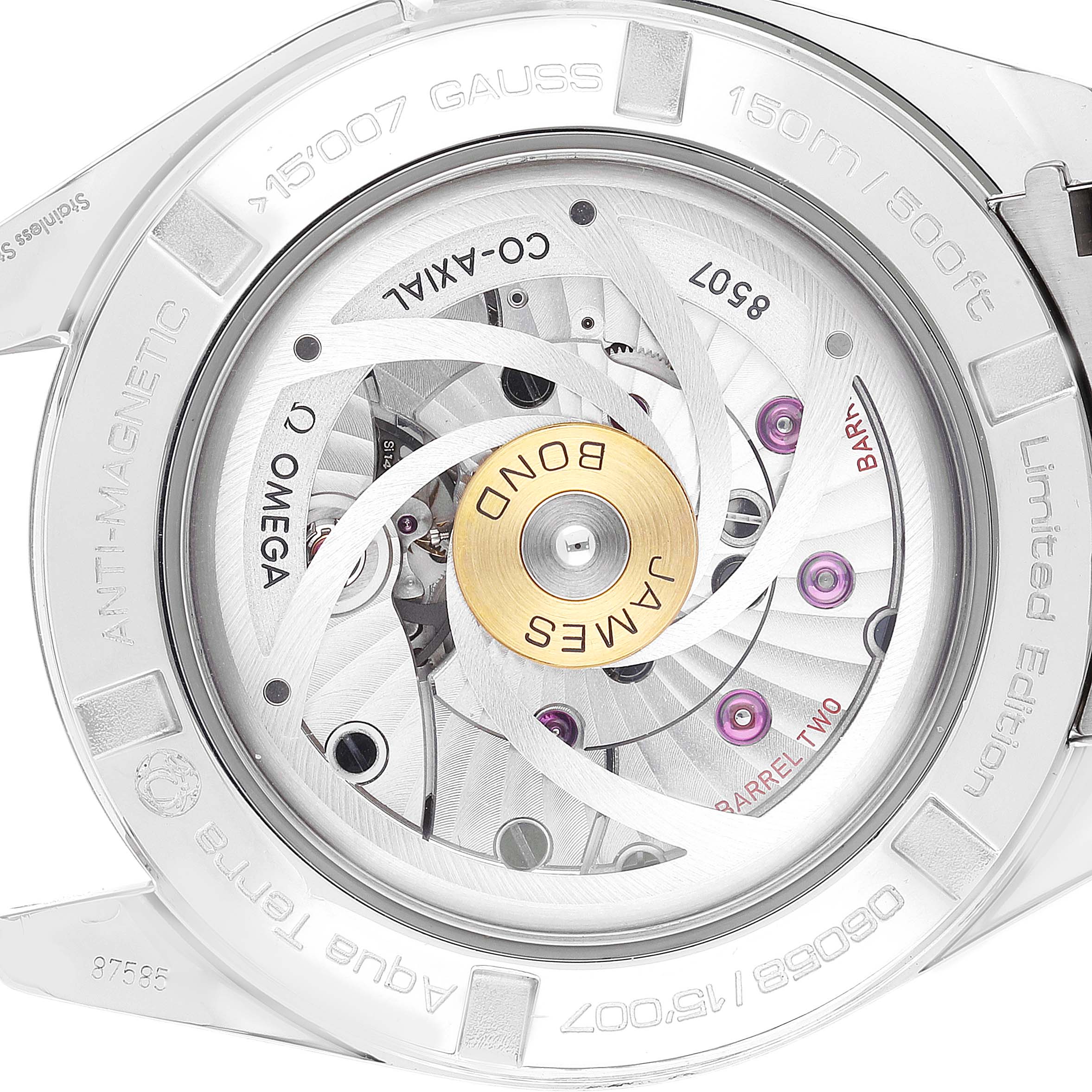 The image shows the back view of the Omega Aqua Terra 231.10.42.21.03.004 Men's Stainless Steel Blue Dial 231.10.42.21.03.004 Men's Stainless Steel Blue Dial watch, highlighting its movement and interior mechanism.