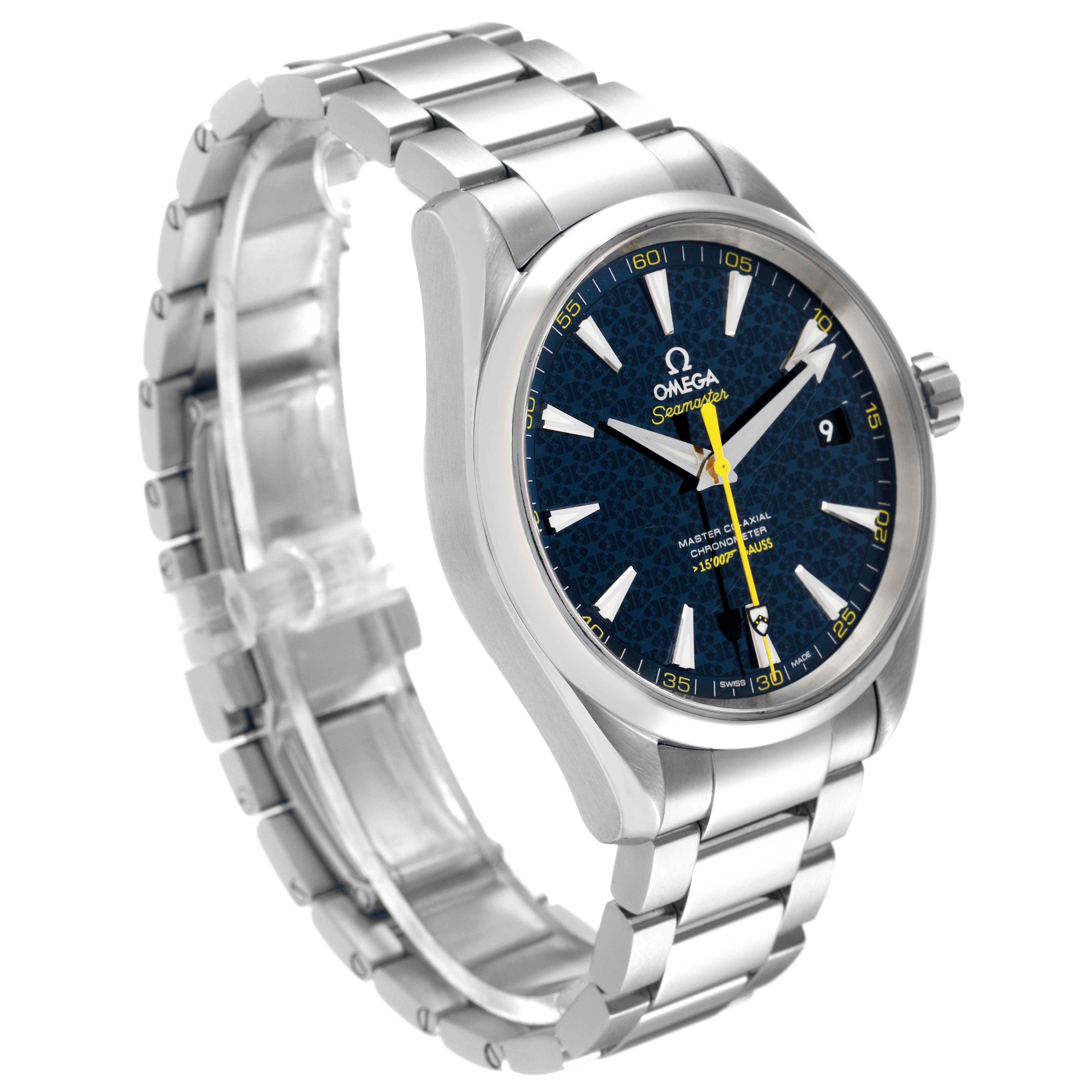 The Aqua Terra model by Omega is shown at a three-quarter angle, displaying the face, crown, and bracelet.