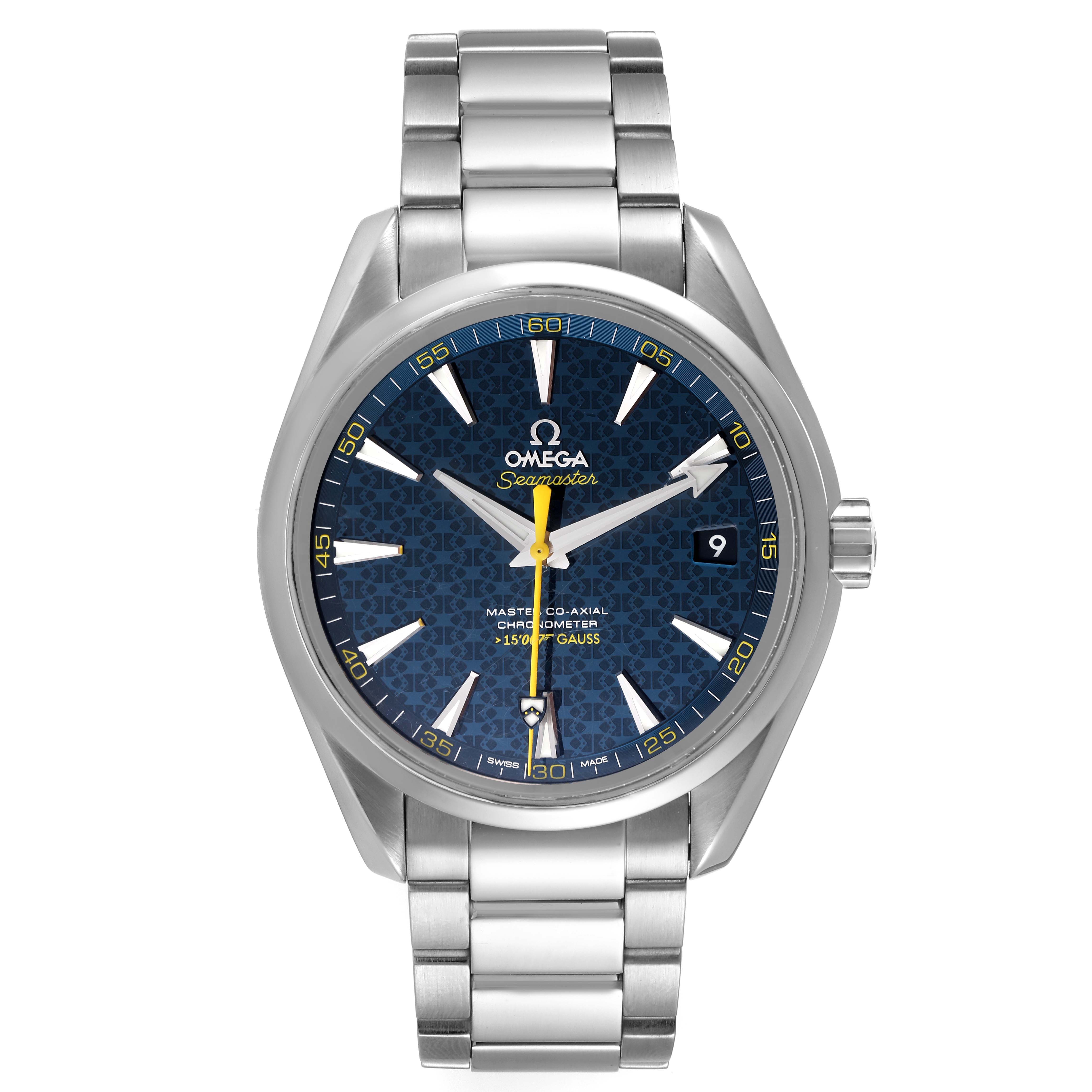 The image shows the front view of an Omega Aqua Terra 231.10.42.21.03.004 Men's Stainless Steel Blue Dial 231.10.42.21.03.004 Men's Stainless Steel Blue Dial watch, displaying its face, bracelet, and crown.