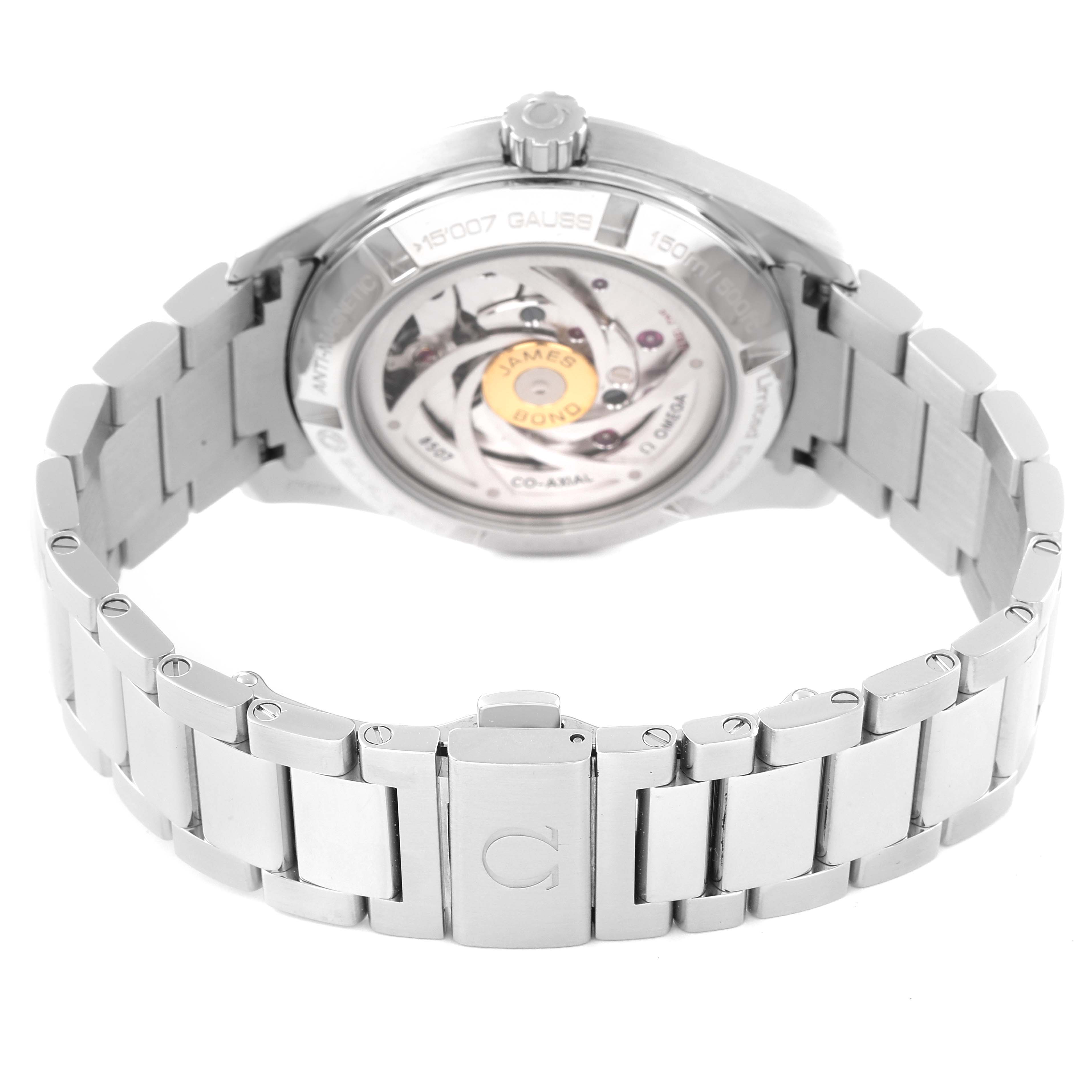 This image shows the back and bracelet of an Omega Aqua Terra 231.10.42.21.03.004 Men's Stainless Steel Blue Dial 231.10.42.21.03.004 Men's Stainless Steel Blue Dial watch, highlighting the movement mechanism.