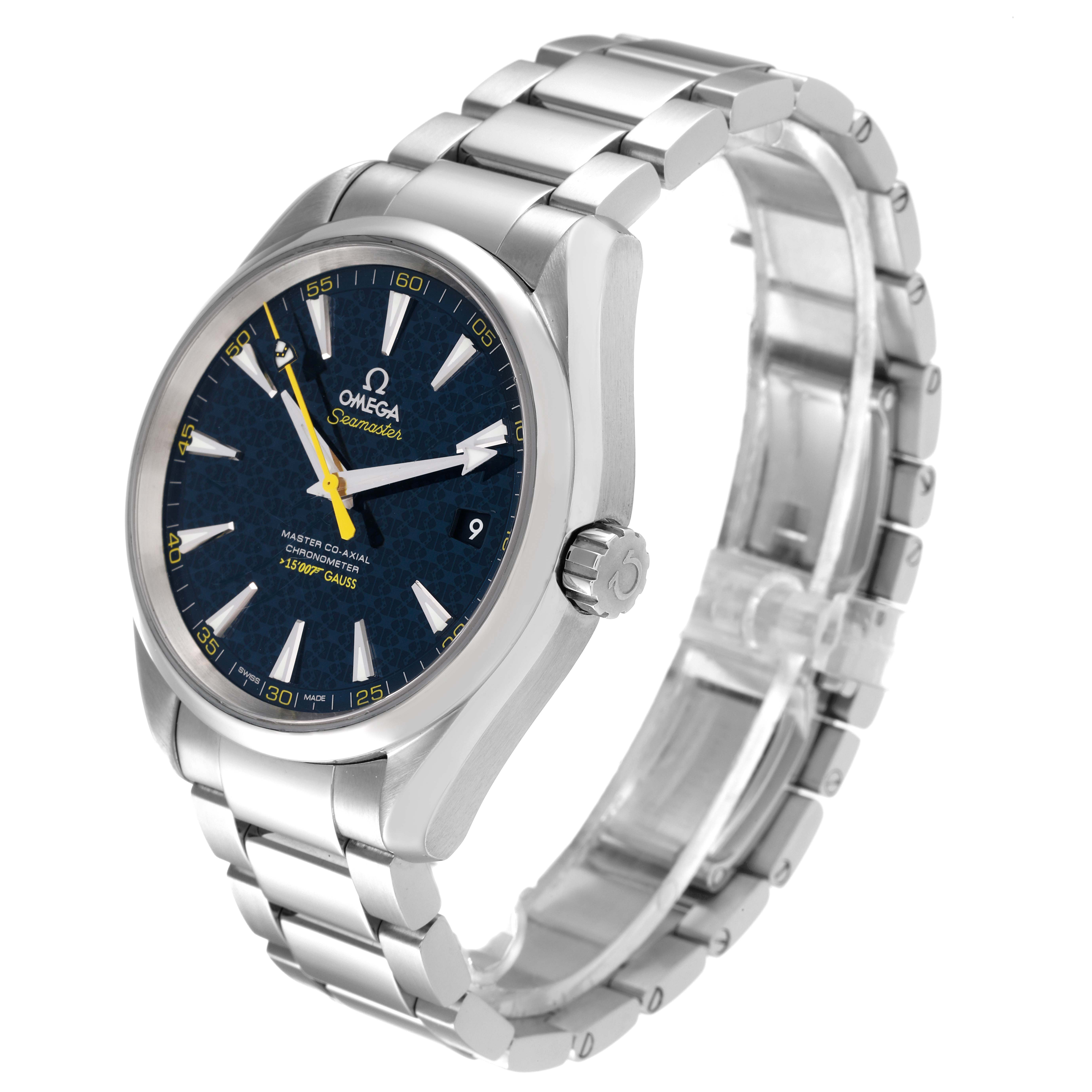The image shows an Omega Aqua Terra 231.10.42.21.03.004 Men's Stainless Steel Blue Dial 231.10.42.21.03.004 Men's Stainless Steel Blue Dial watch at an angle highlighting the face, bracelet, crown, and casing.