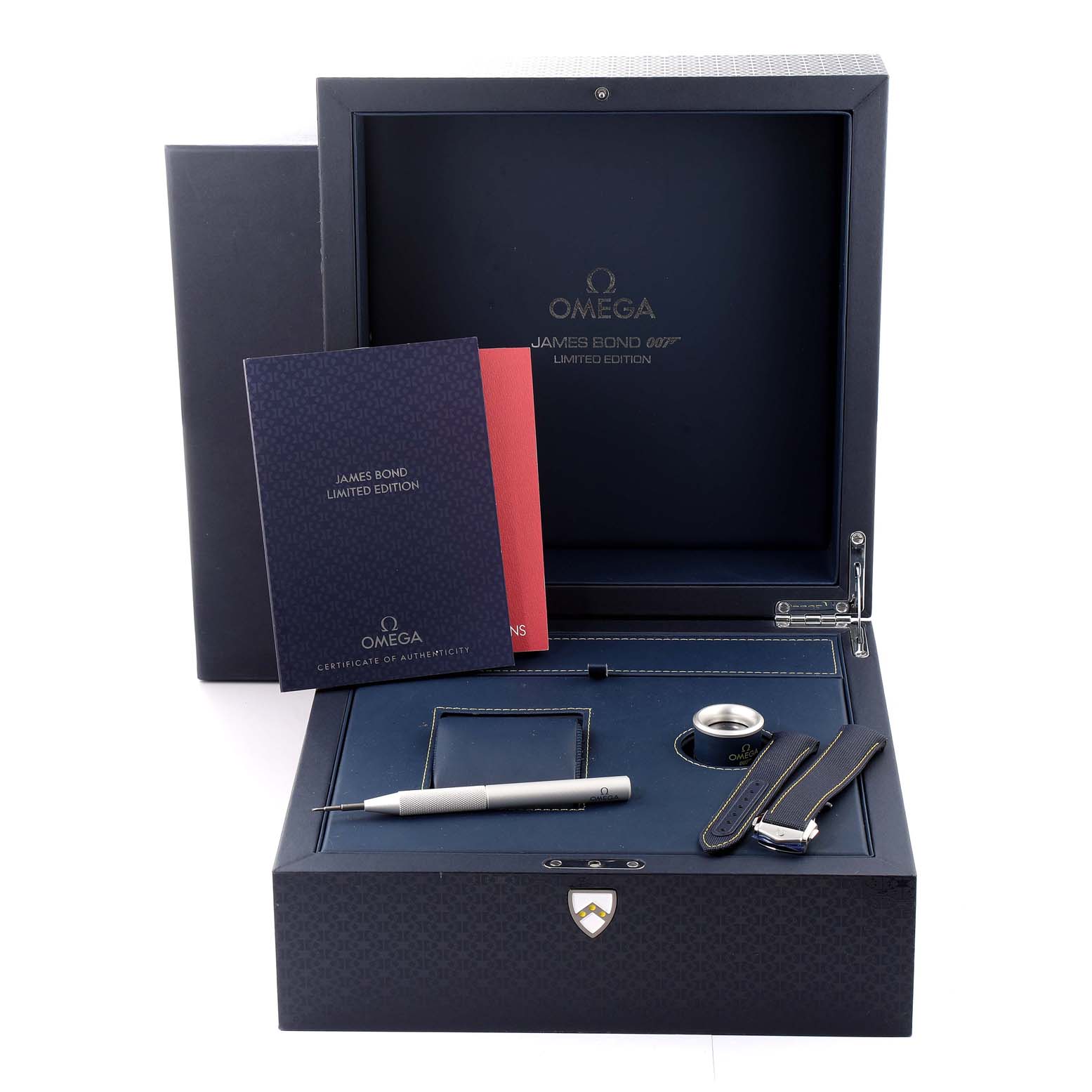 The image displays the packaging and accessories of an Omega Aqua Terra 231.10.42.21.03.004 Men's Stainless Steel Blue Dial 231.10.42.21.03.004 Men's Stainless Steel Blue Dial James Bond Limited Edition watch.