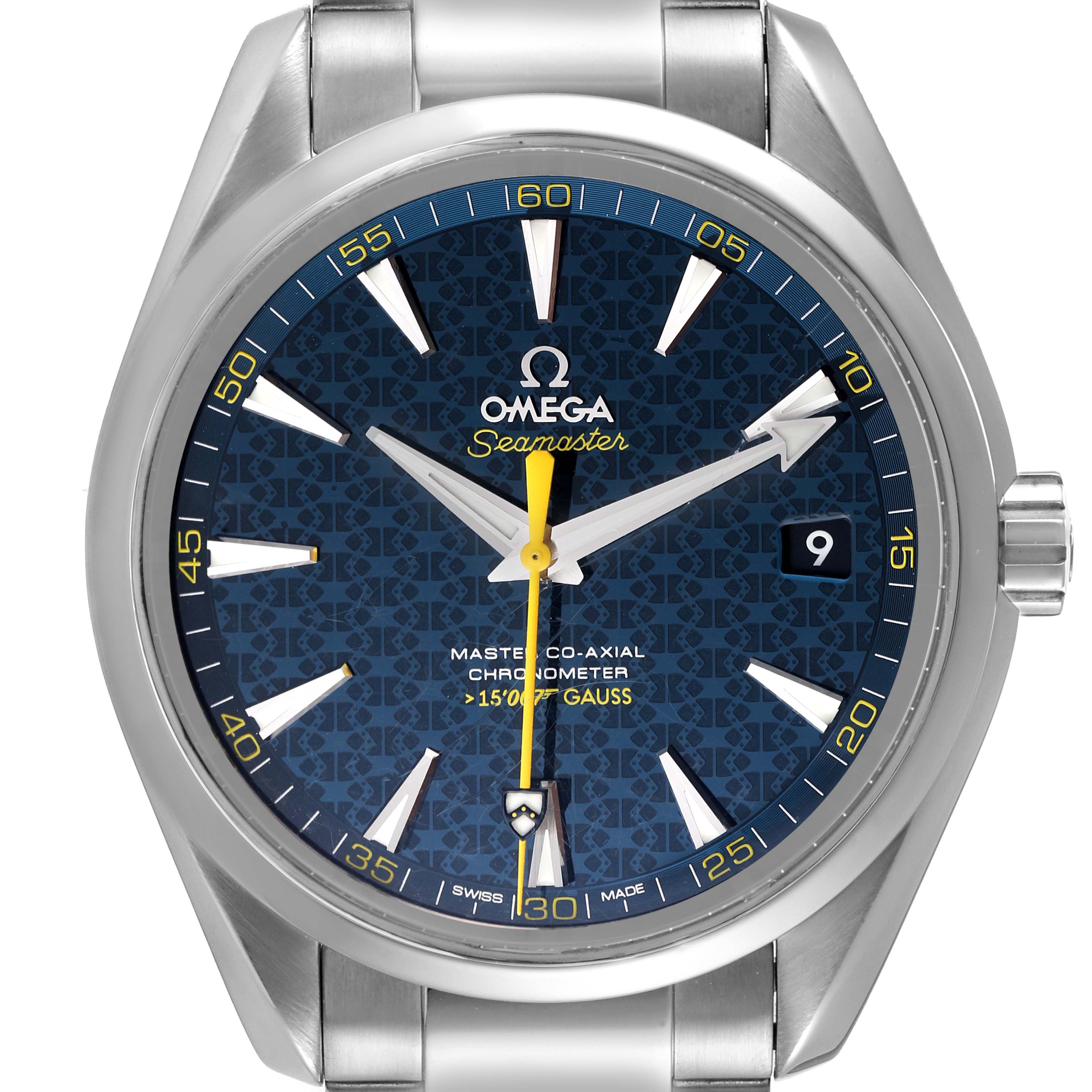 The image shows a front view of an Omega Aqua Terra 231.10.42.21.03.004 Men's Stainless Steel Blue Dial 231.10.42.21.03.004 Men's Stainless Steel Blue Dial Seamaster watch, highlighting the dial, hands, and bracelet attachment.
