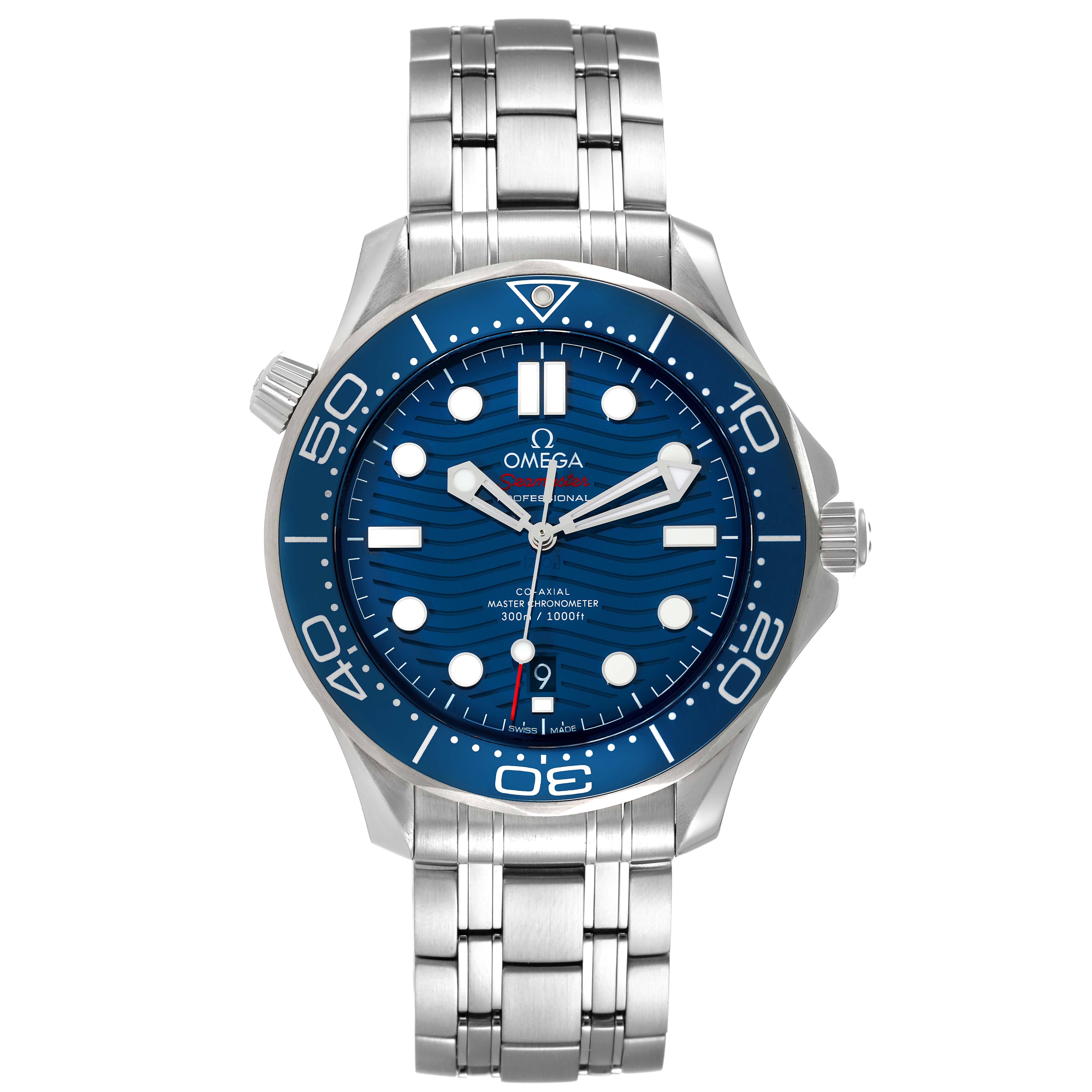 The image shows a front view of an Omega Seamaster 210.30.42.20.03.001 Men's Stainless Steel Blue Dial 210.30.42.20.03.001 Men's Stainless Steel Blue Dial watch featuring a blue dial and a stainless steel bracelet.