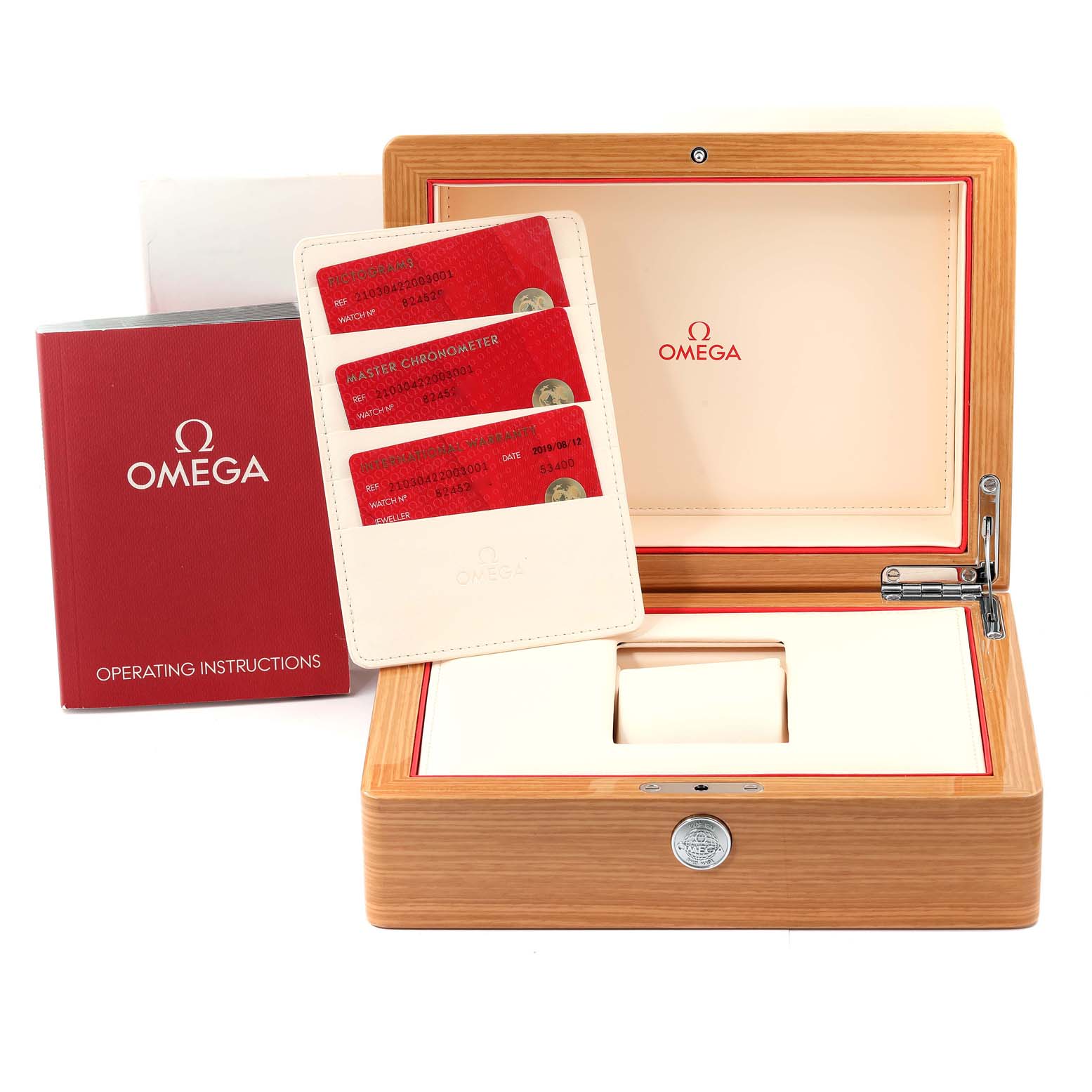 The image shows an Omega Seamaster 210.30.42.20.03.001 Men's Stainless Steel Blue Dial 210.30.42.20.03.001 Men's Stainless Steel Blue Dial watch box, warranty cards, and the operating instructions booklet.