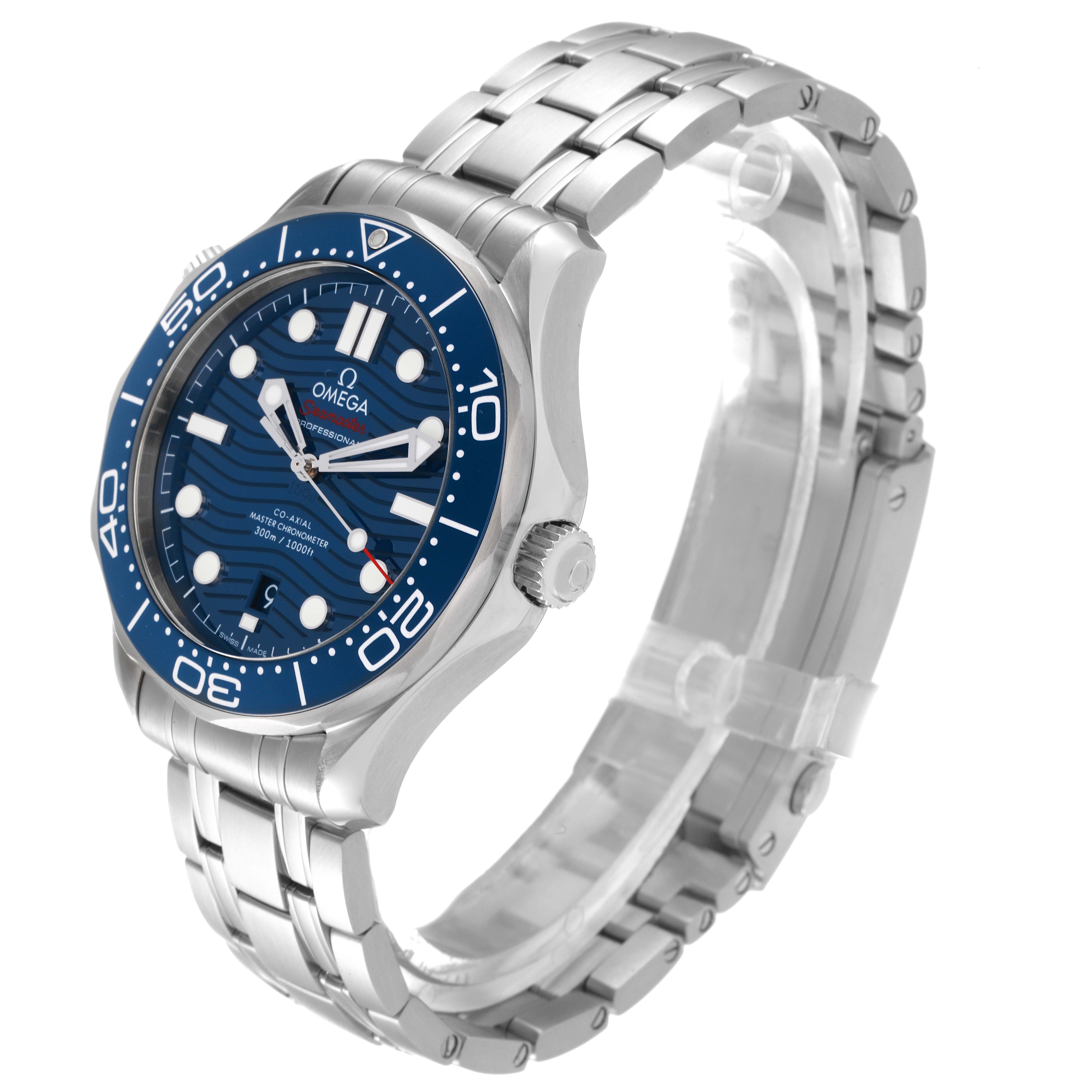 The Omega Seamaster 210.30.42.20.03.001 Men's Stainless Steel Blue Dial 210.30.42.20.03.001 Men's Stainless Steel Blue Dial watch is shown at a three-quarter angle, displaying the bracelet, bezel, and face.