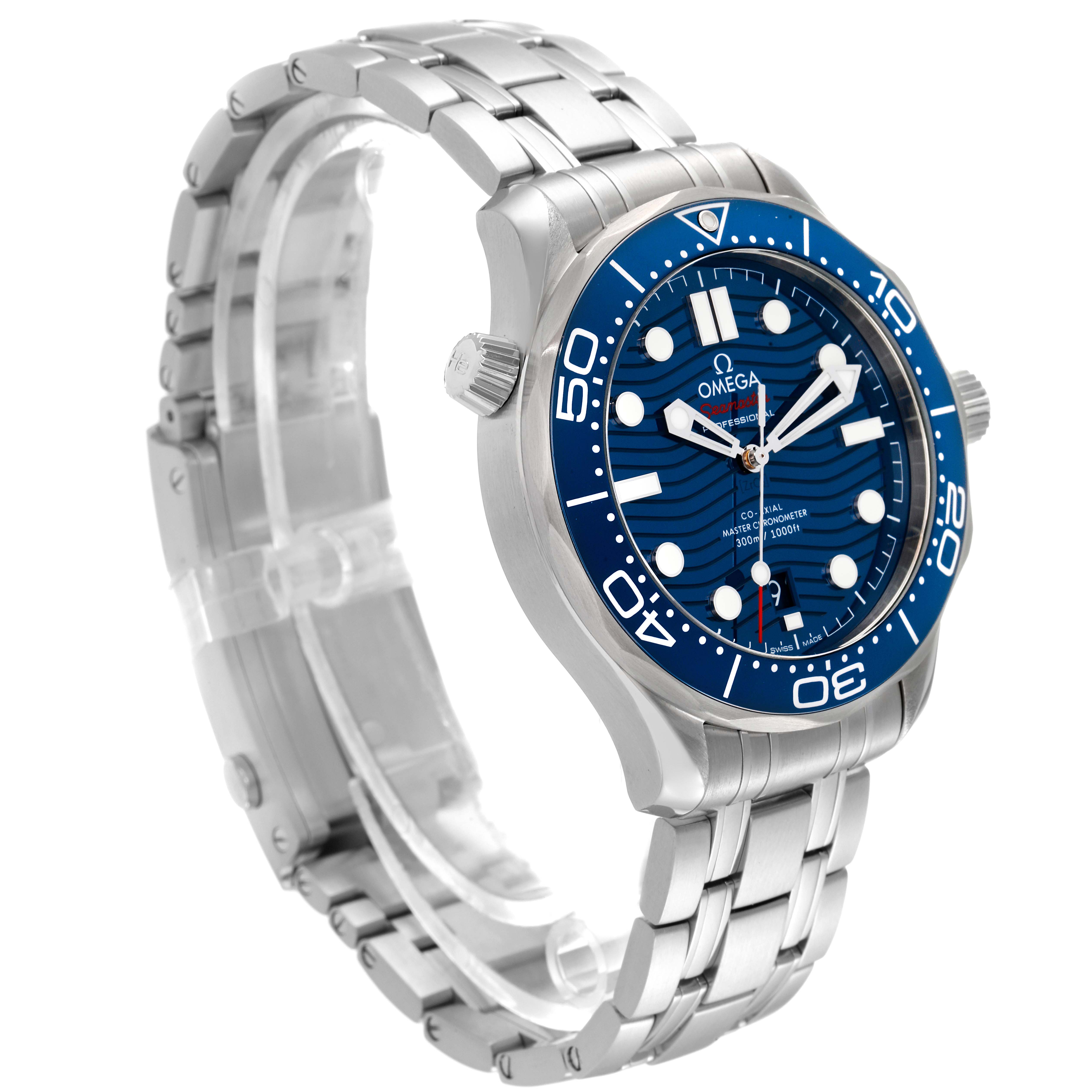 The image shows a side angle view of an Omega Seamaster 210.30.42.20.03.001 Men's Stainless Steel Blue Dial 210.30.42.20.03.001 Men's Stainless Steel Blue Dial watch, highlighting the bracelet, case, and blue dial.