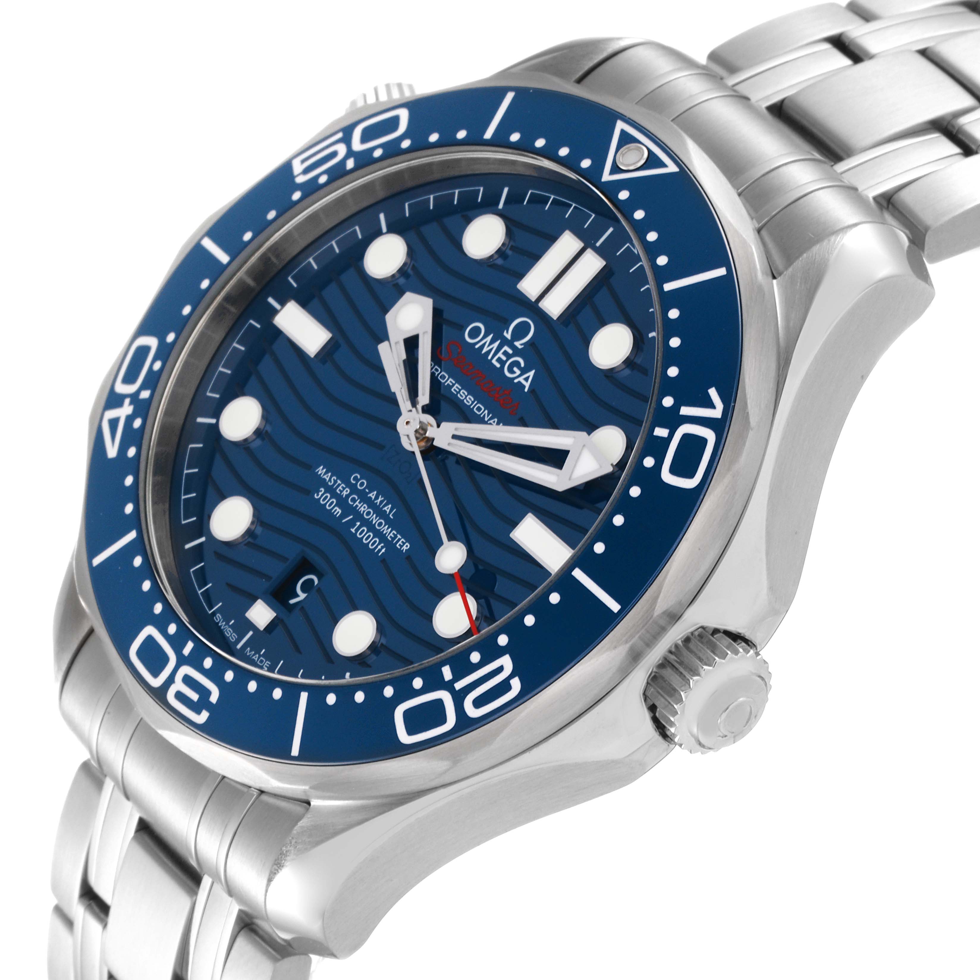 The image shows an Omega Seamaster 210.30.42.20.03.001 Men's Stainless Steel Blue Dial 210.30.42.20.03.001 Men's Stainless Steel Blue Dial watch at an angled view, highlighting the face, bezel, crown, and bracelet.