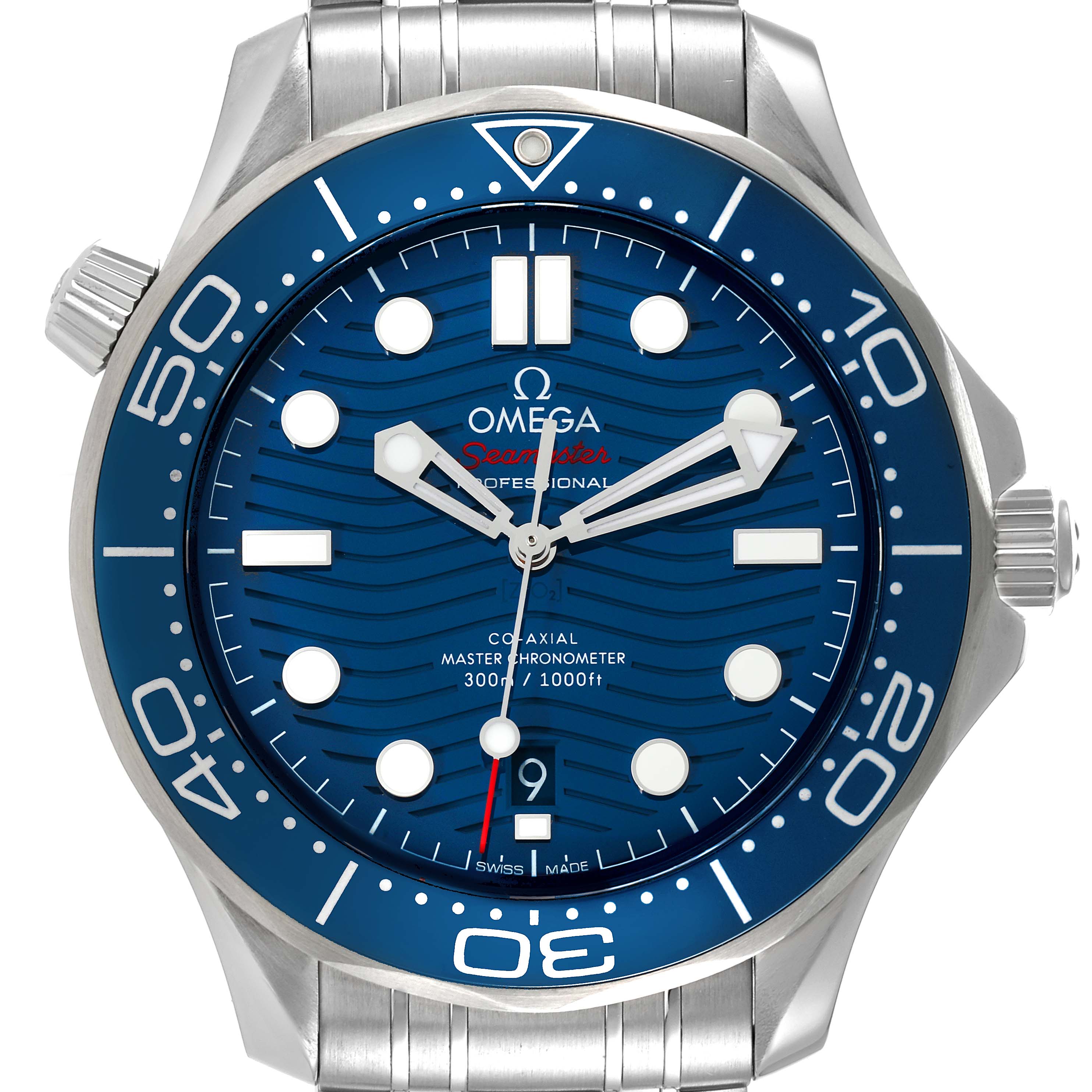 This is a head-on view of the Omega Seamaster 210.30.42.20.03.001 Men's Stainless Steel Blue Dial 210.30.42.20.03.001 Men's Stainless Steel Blue Dial watch, showing the face, bezel, and part of the bracelet.
