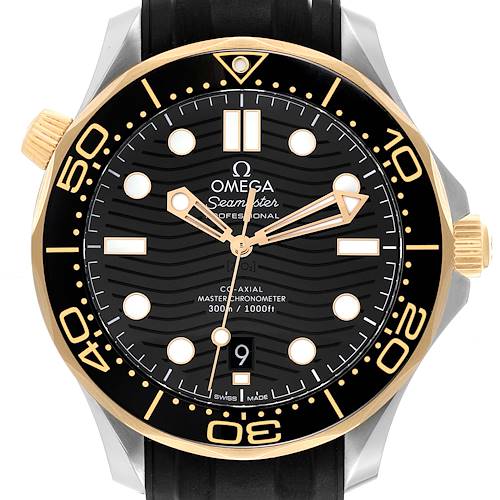 The Omega Seamaster 210.22.42.20.01.001 Men's Steel and Gold (two tone) Black Dial watch is shown from a front angle, featuring the dial, bezel, and crown.