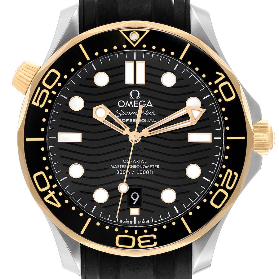 The image shows a front view of the Omega Seamaster 210.22.42.20.01.001 Men's Steel and Gold (two tone) Black Dial watch, highlighting the bezel, dial, hands, and crown.