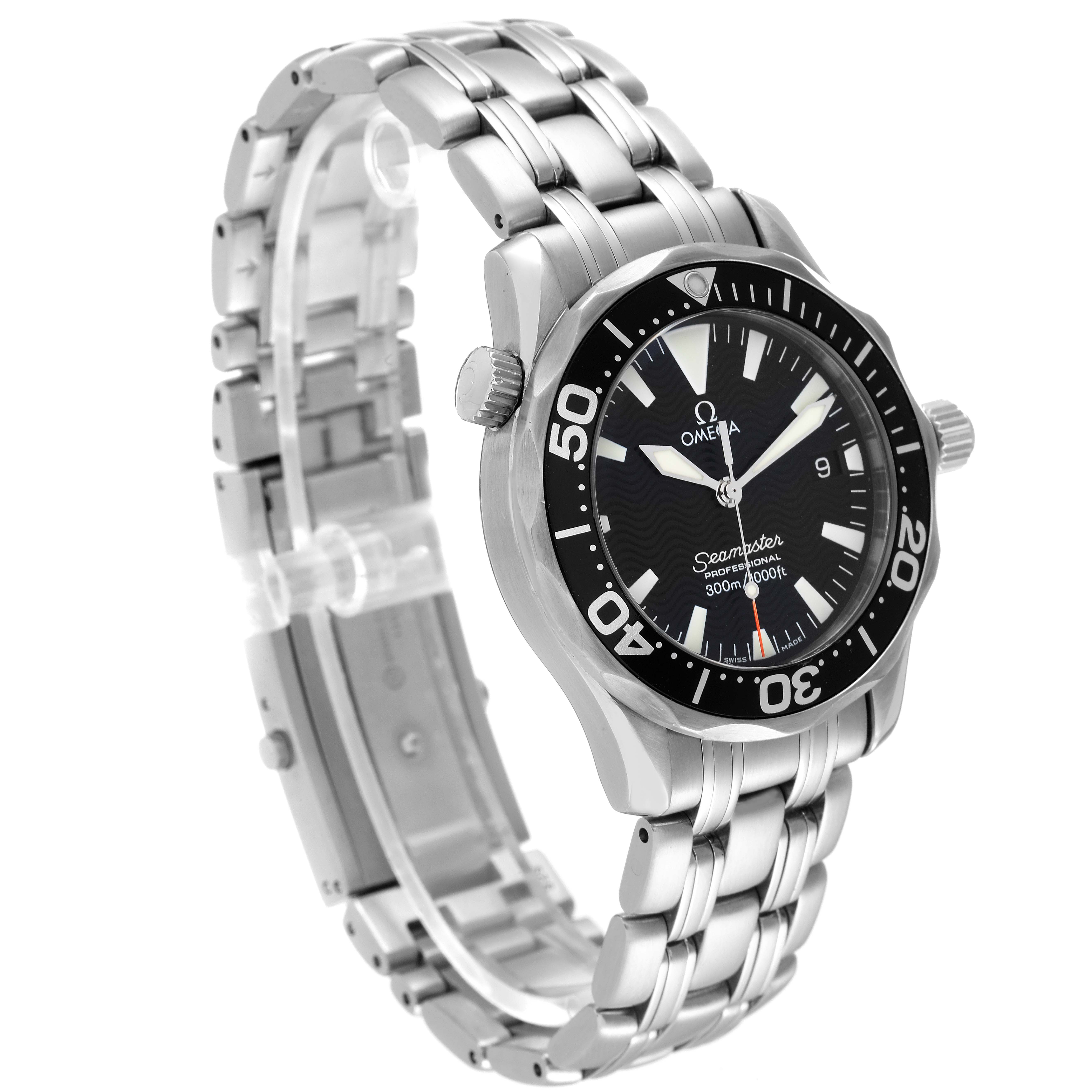 The image shows an angled side view of the Omega Seamaster 2262.50.00 Men's Stainless Steel Black Dial 2262.50.00 Men's Stainless Steel Black Dial watch, highlighting its face, bezel, and bracelet.