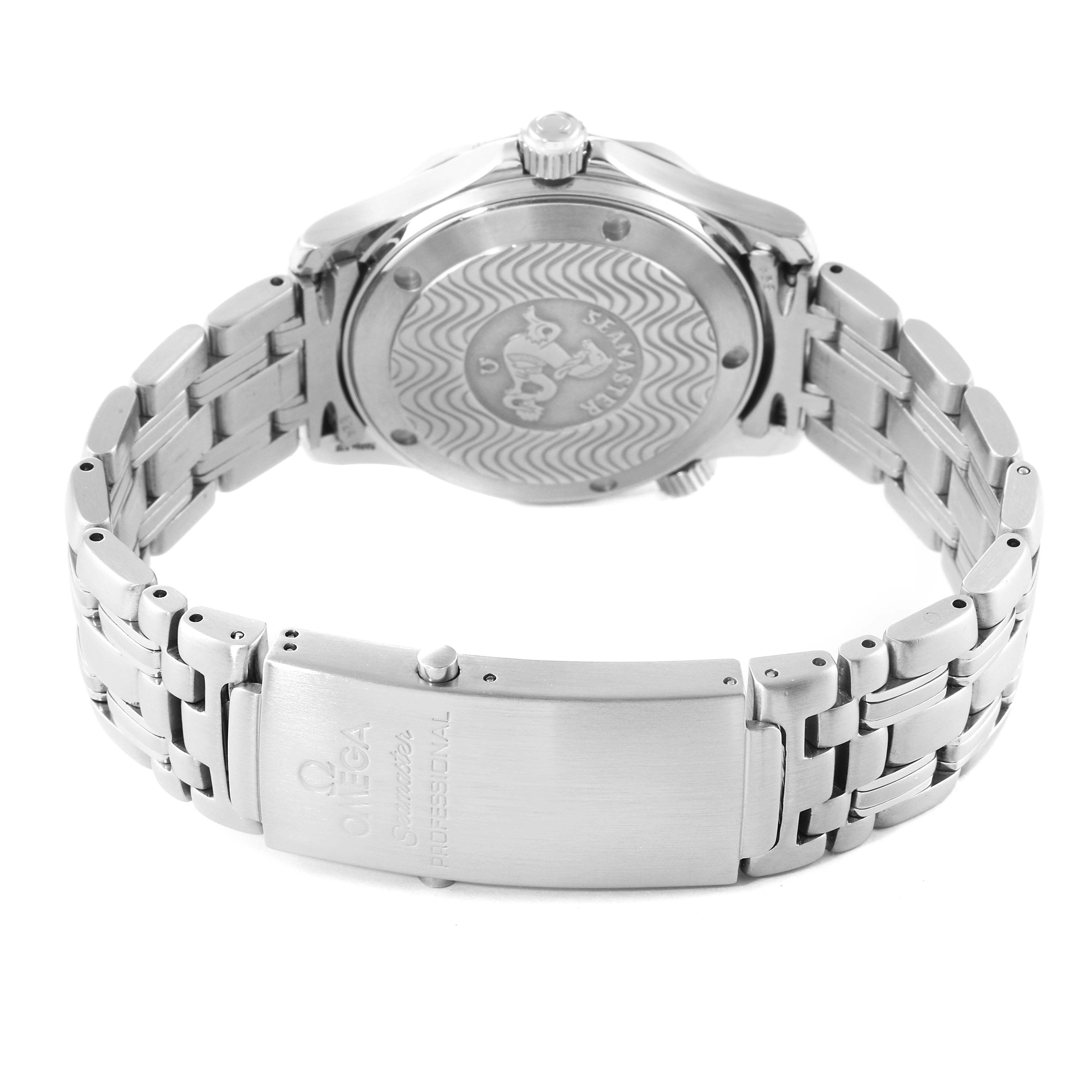 The image shows the back case and bracelet clasp of the Omega Seamaster 2262.50.00 Men's Stainless Steel Black Dial 2262.50.00 Men's Stainless Steel Black Dial watch, highlighting the engraved back and embossed clasp.