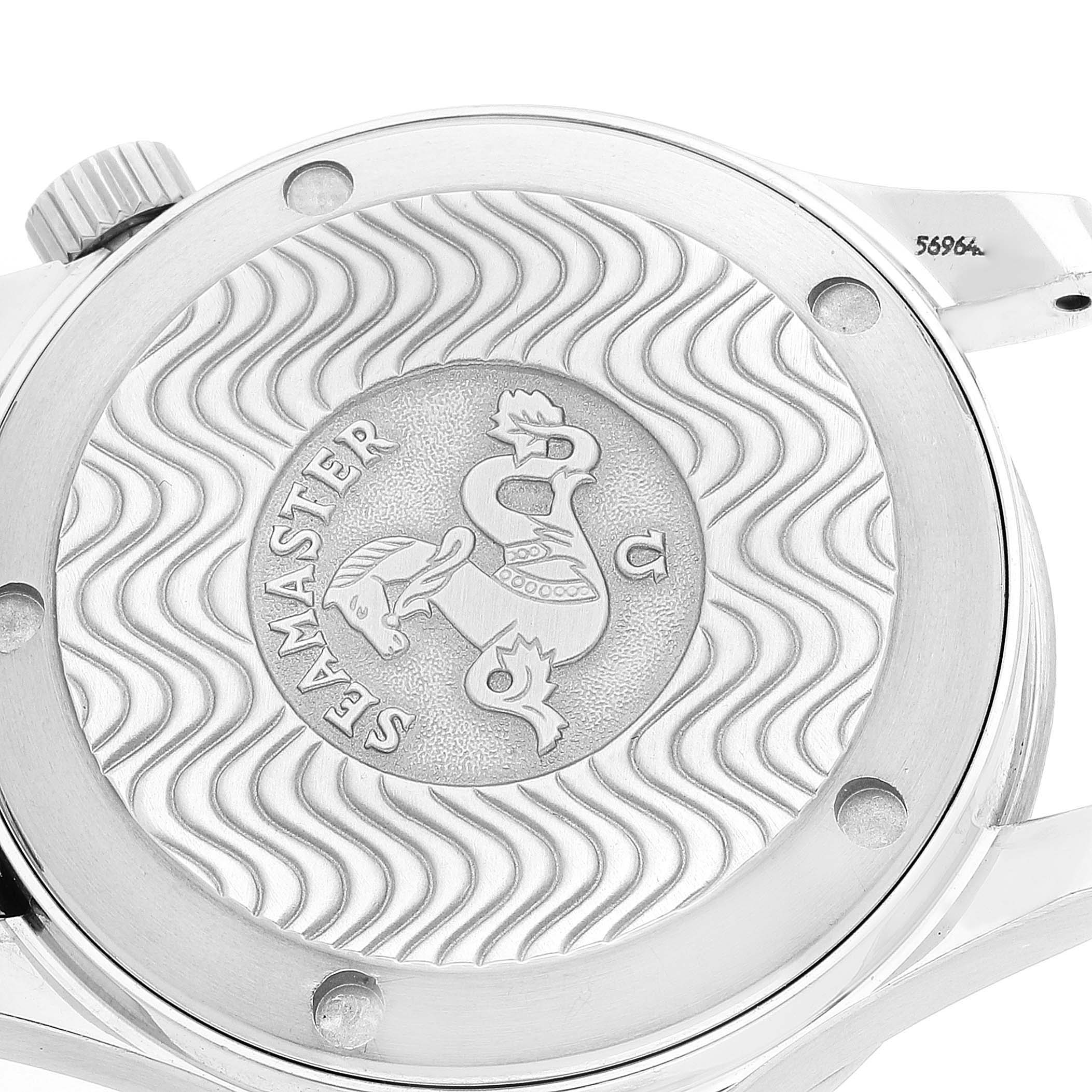 The image shows the case back of an Omega Seamaster 2262.50.00 Men's Stainless Steel Black Dial 2262.50.00 Men's Stainless Steel Black Dial watch, displaying its signature wavy pattern and logo.