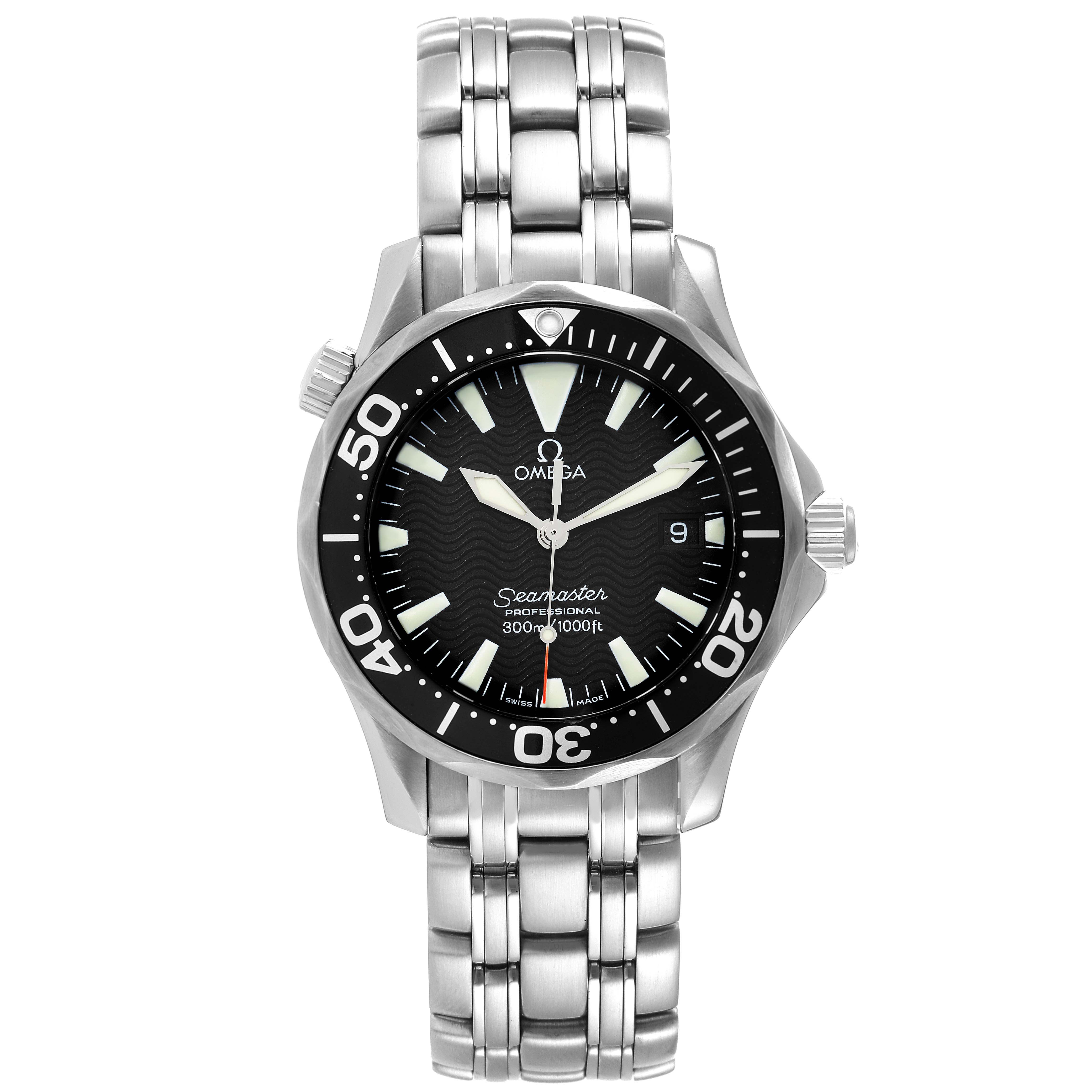This image shows a front view of the Omega Seamaster 2262.50.00 Men's Stainless Steel Black Dial 2262.50.00 Men's Stainless Steel Black Dial watch, highlighting the dial, bezel, and stainless steel bracelet.