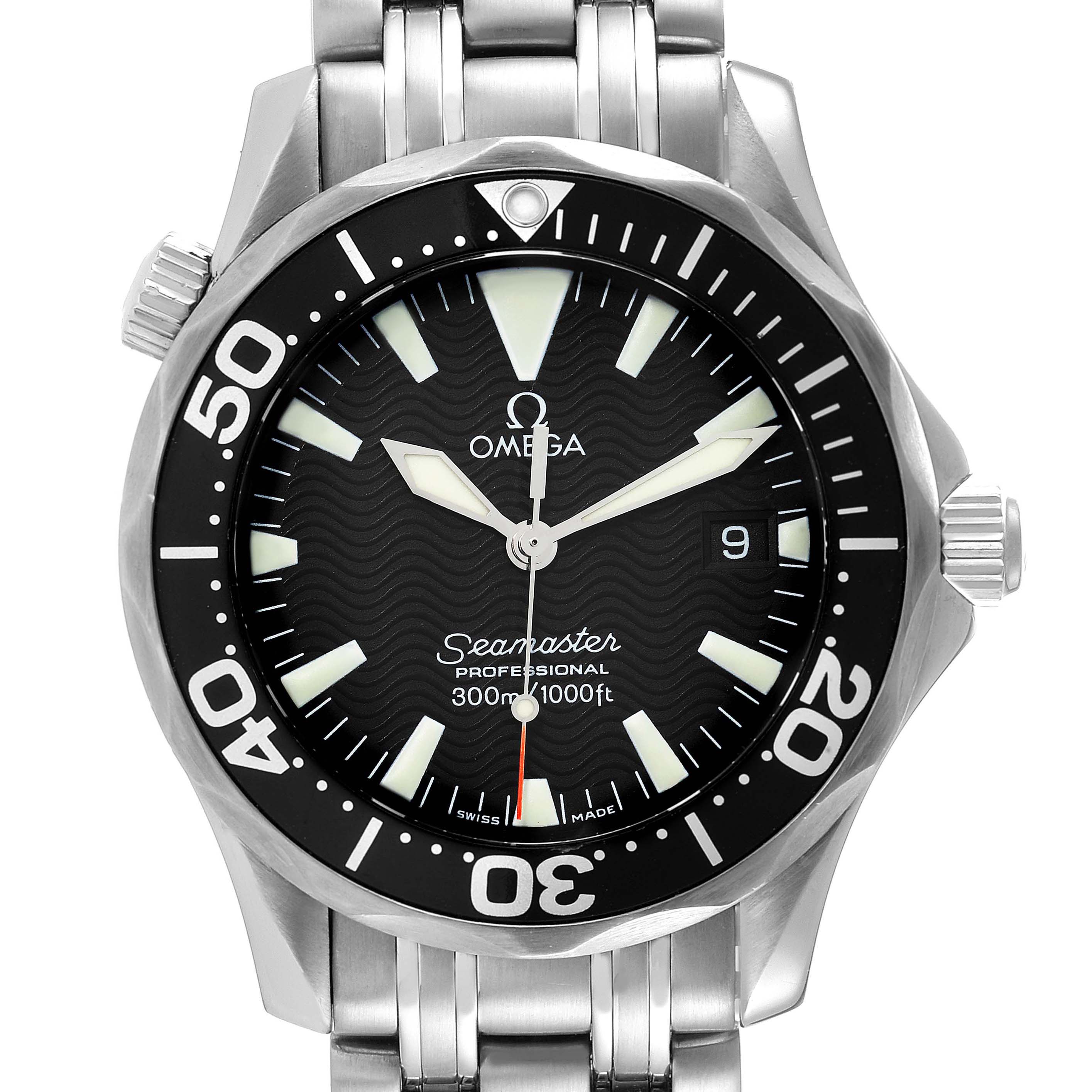 The Omega Seamaster 2262.50.00 Men's Stainless Steel Black Dial 2262.50.00 Men's Stainless Steel Black Dial watch is shown in a frontal angle, displaying its face, bezel, hands, and part of the stainless steel bracelet.