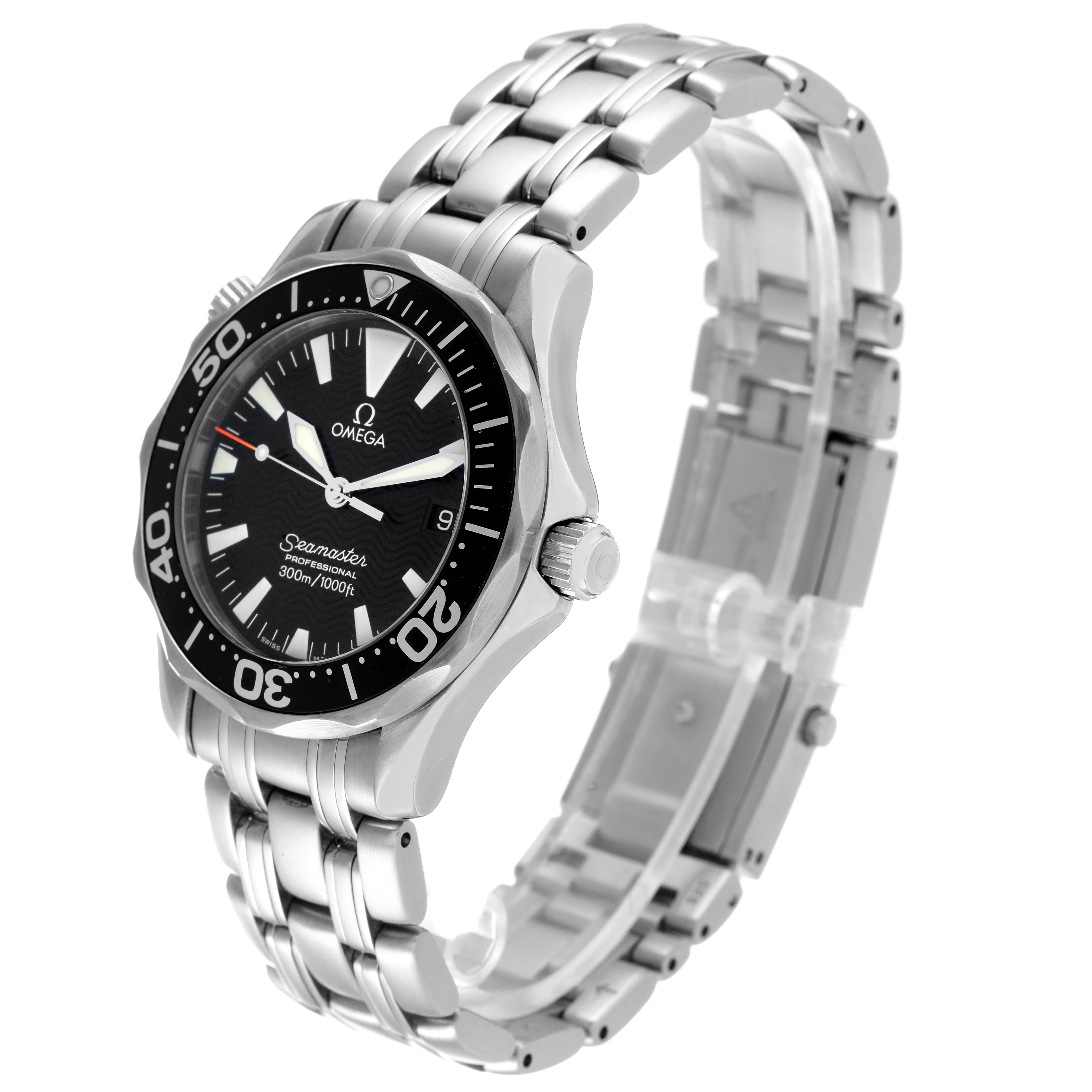 The Omega Seamaster 2262.50.00 Men's Stainless Steel Black Dial 2262.50.00 Men's Stainless Steel Black Dial watch is shown at a three-quarter angle, highlighting its black dial, bezel, and stainless steel bracelet.
