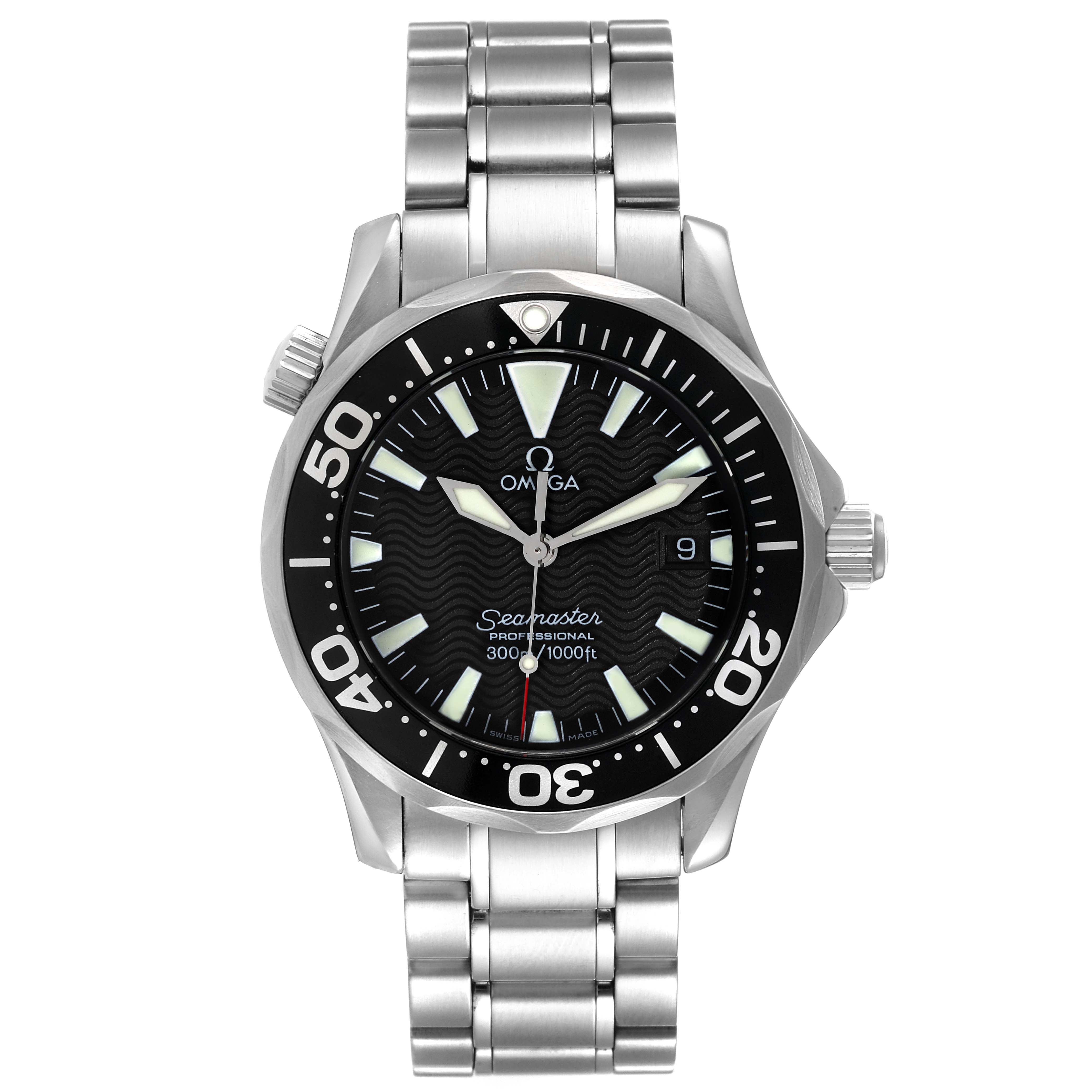 The image shows a front view of an Omega Seamaster 2262.50.00 Men's Stainless Steel Black Dial 2262.50.00 Men's Stainless Steel Black Dial watch, including its face, bezel, crown, and metal bracelet.