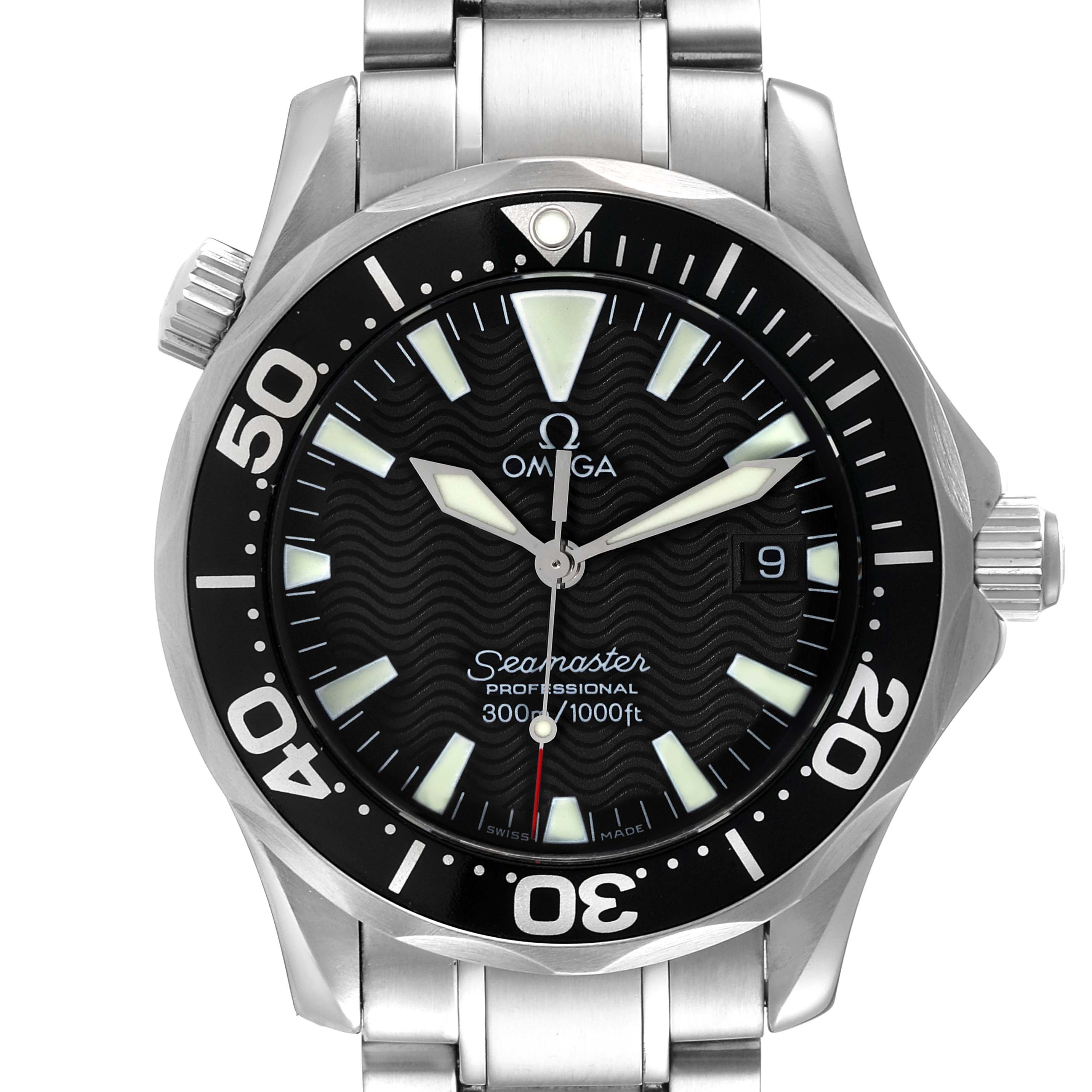 The image shows a front view of the Omega Seamaster 2262.50.00 Men's Stainless Steel Black Dial 2262.50.00 Men's Stainless Steel Black Dial watch, highlighting its dial, bezel, hands, and bracelet.