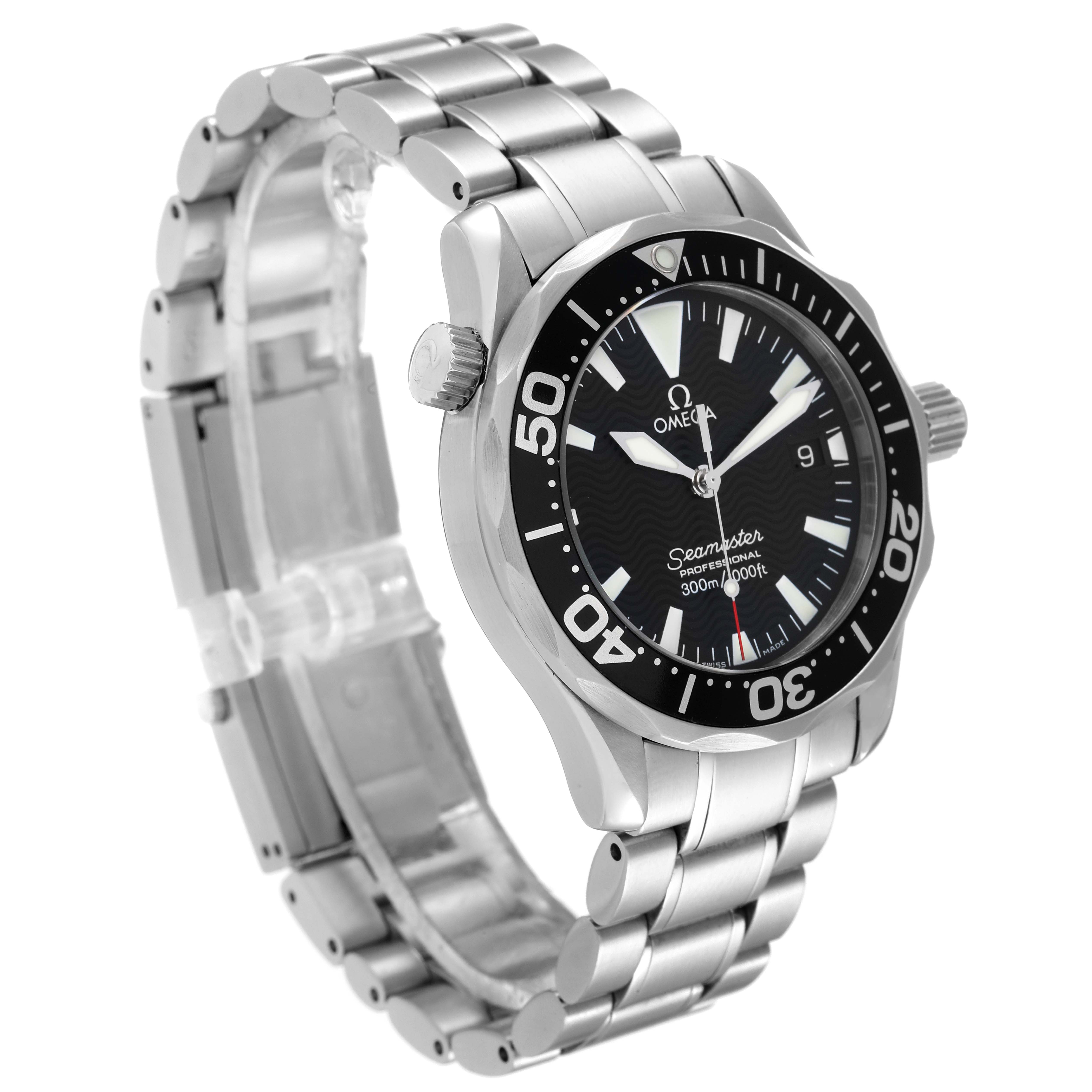 The image shows an angled view of the Omega Seamaster 2262.50.00 Men's Stainless Steel Black Dial 2262.50.00 Men's Stainless Steel Black Dial watch, displaying its bezel, dial, hands, and stainless steel bracelet.