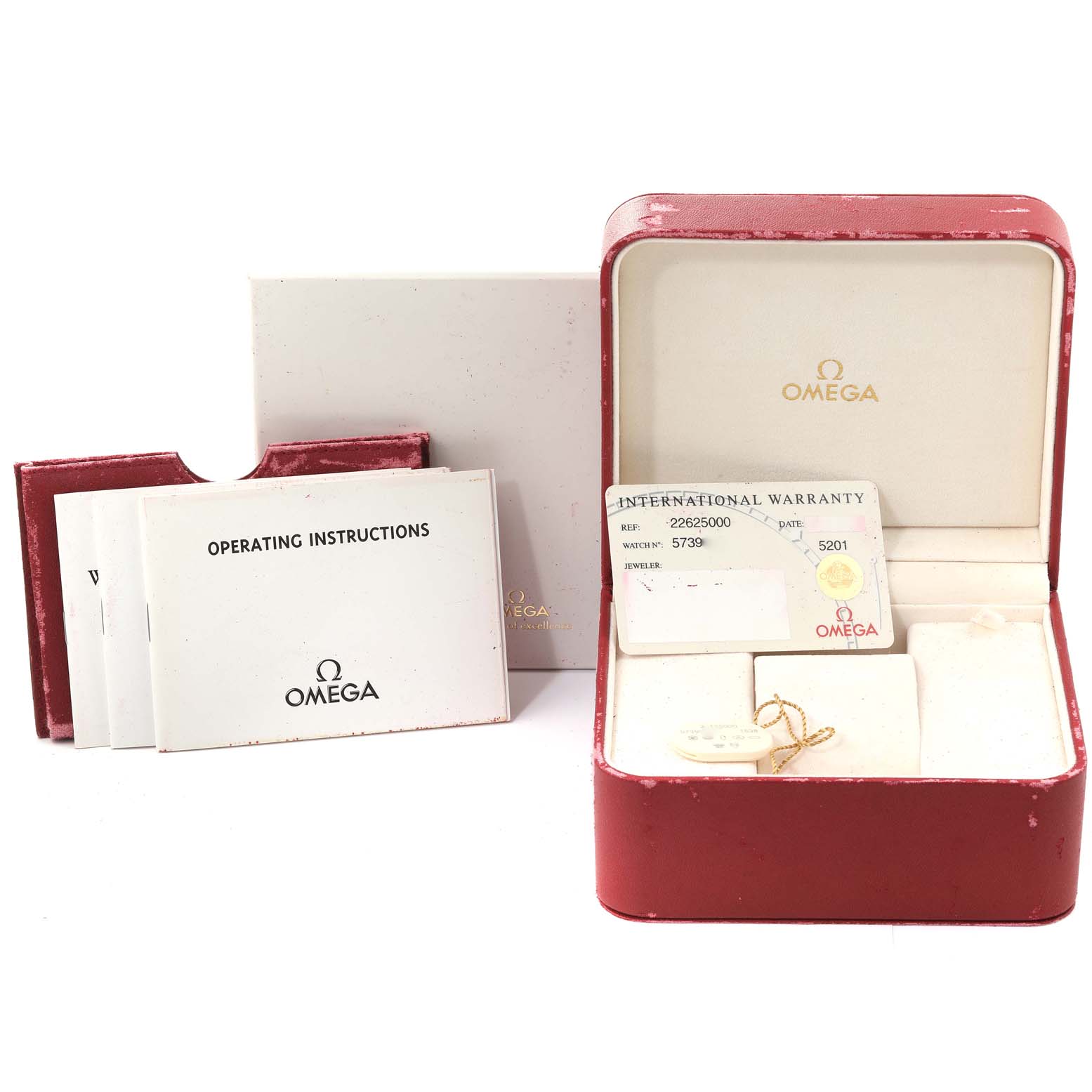 The image shows the Omega Seamaster 2262.50.00 Men's Stainless Steel Black Dial 2262.50.00 Men's Stainless Steel Black Dial watch box, international warranty card, operating instructions, and other documentation.