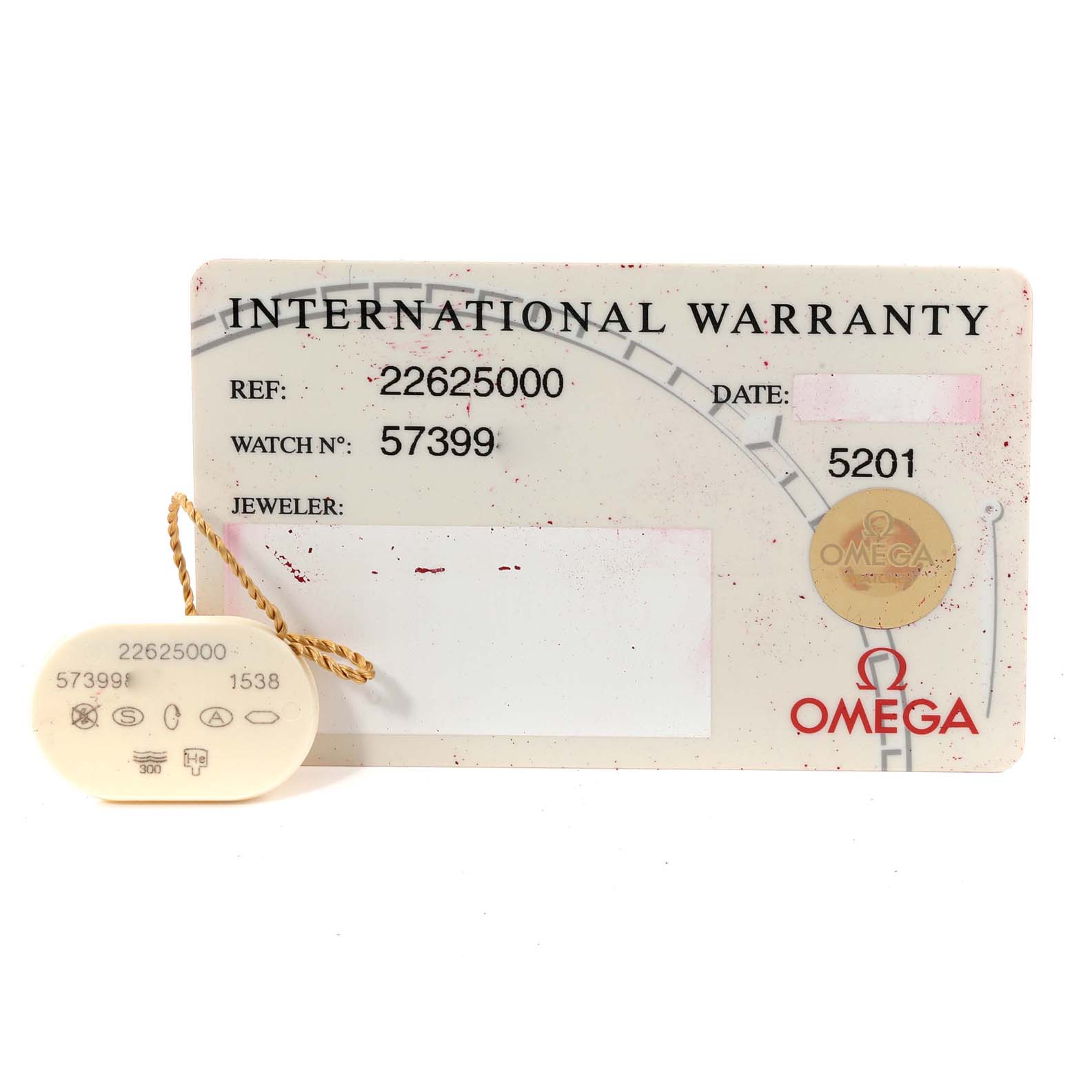 The image shows an international warranty card and tag for an Omega Seamaster 2262.50.00 Men's Stainless Steel Black Dial 2262.50.00 Men's Stainless Steel Black Dial model watch.