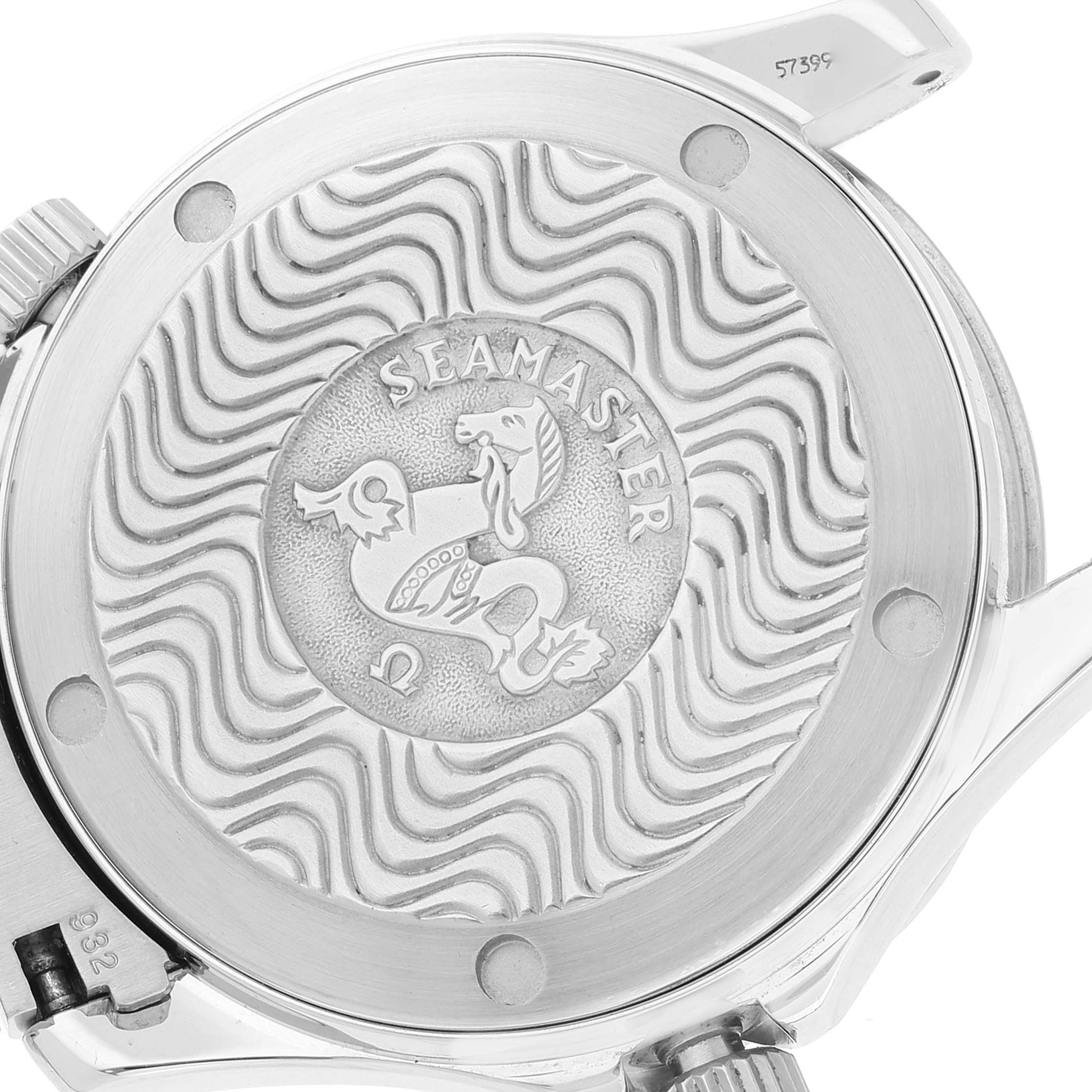 This image shows the back case of an Omega Seamaster 2262.50.00 Men's Stainless Steel Black Dial 2262.50.00 Men's Stainless Steel Black Dial watch, featuring its engraved logo and wave pattern design.