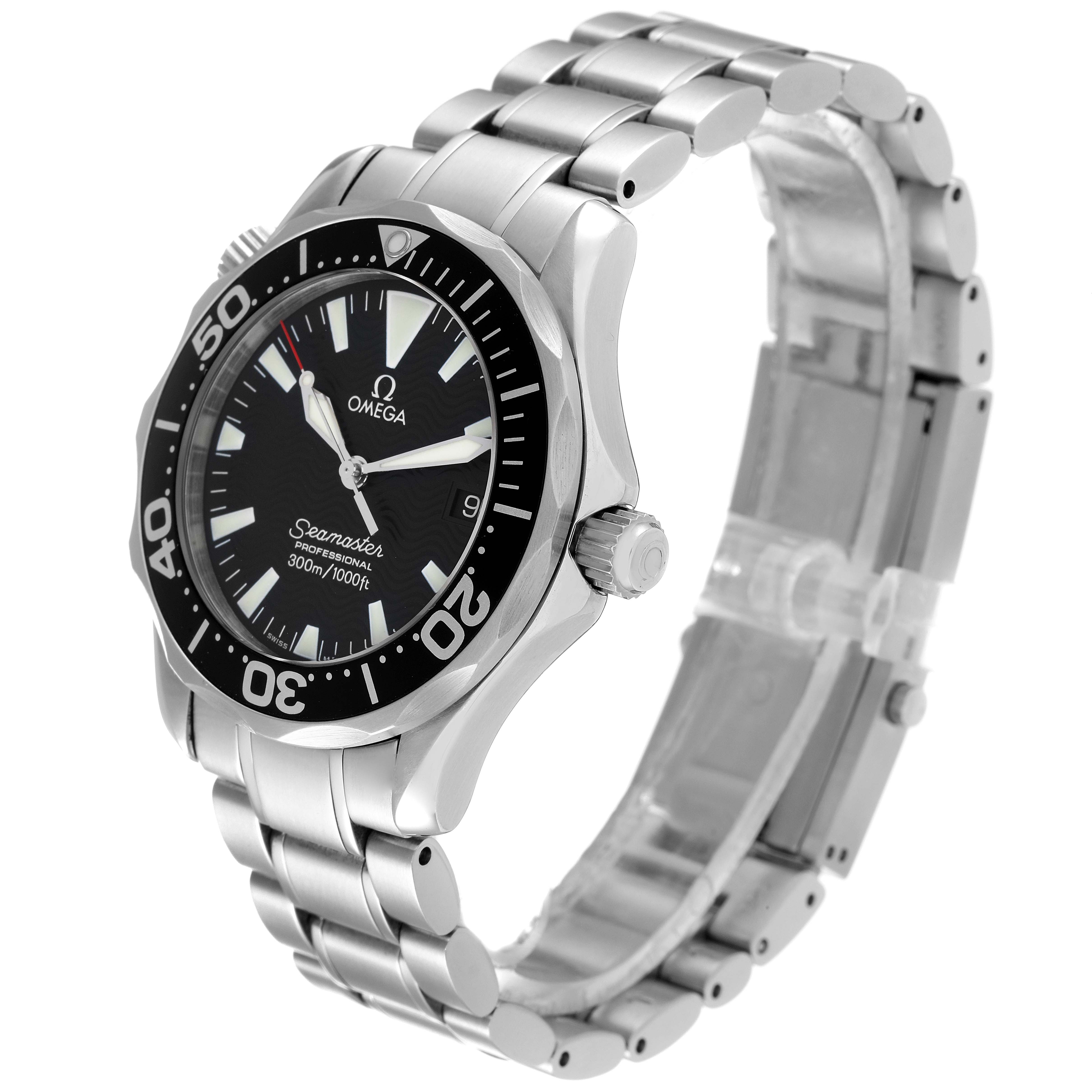 The image shows an Omega Seamaster 2262.50.00 Men's Stainless Steel Black Dial 2262.50.00 Men's Stainless Steel Black Dial watch from a slight side angle, displaying the bezel, watch face, crown, and bracelet.
