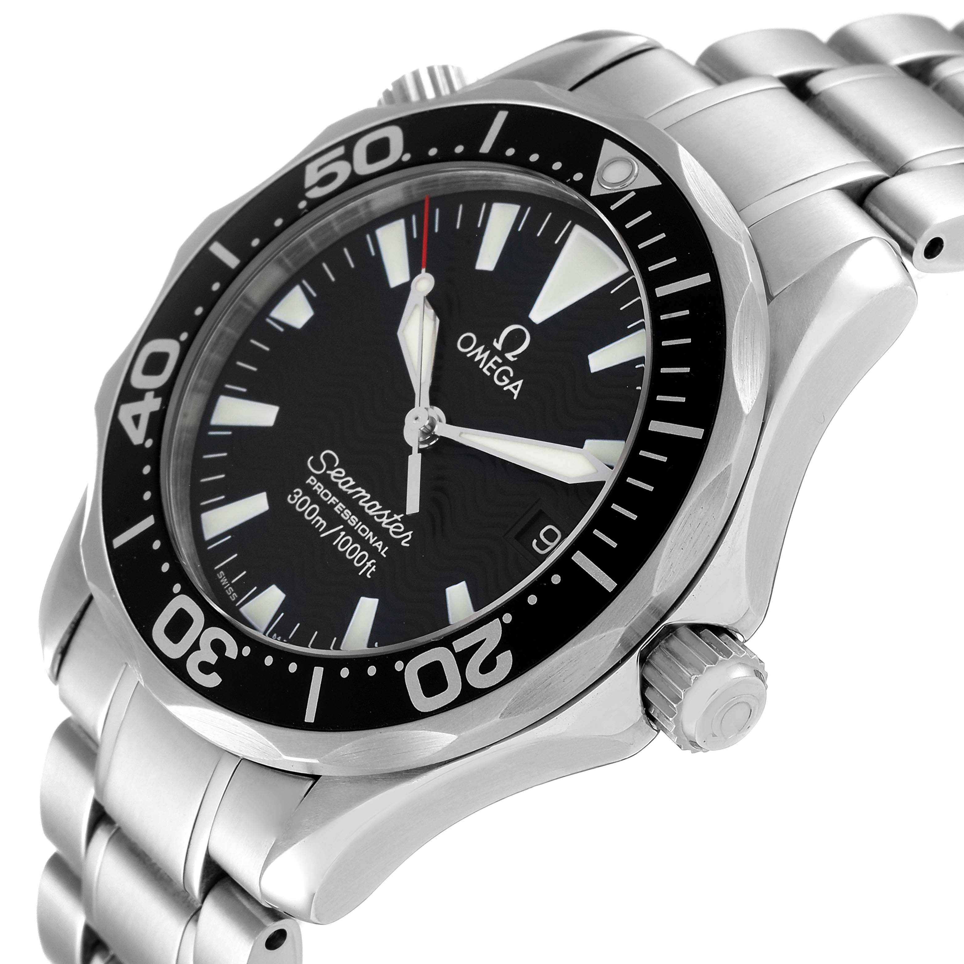 The Omega Seamaster 2262.50.00 Men's Stainless Steel Black Dial 2262.50.00 Men's Stainless Steel Black Dial model is shown from a three-quarter view highlighting the face, bezel, and part of the bracelet.
