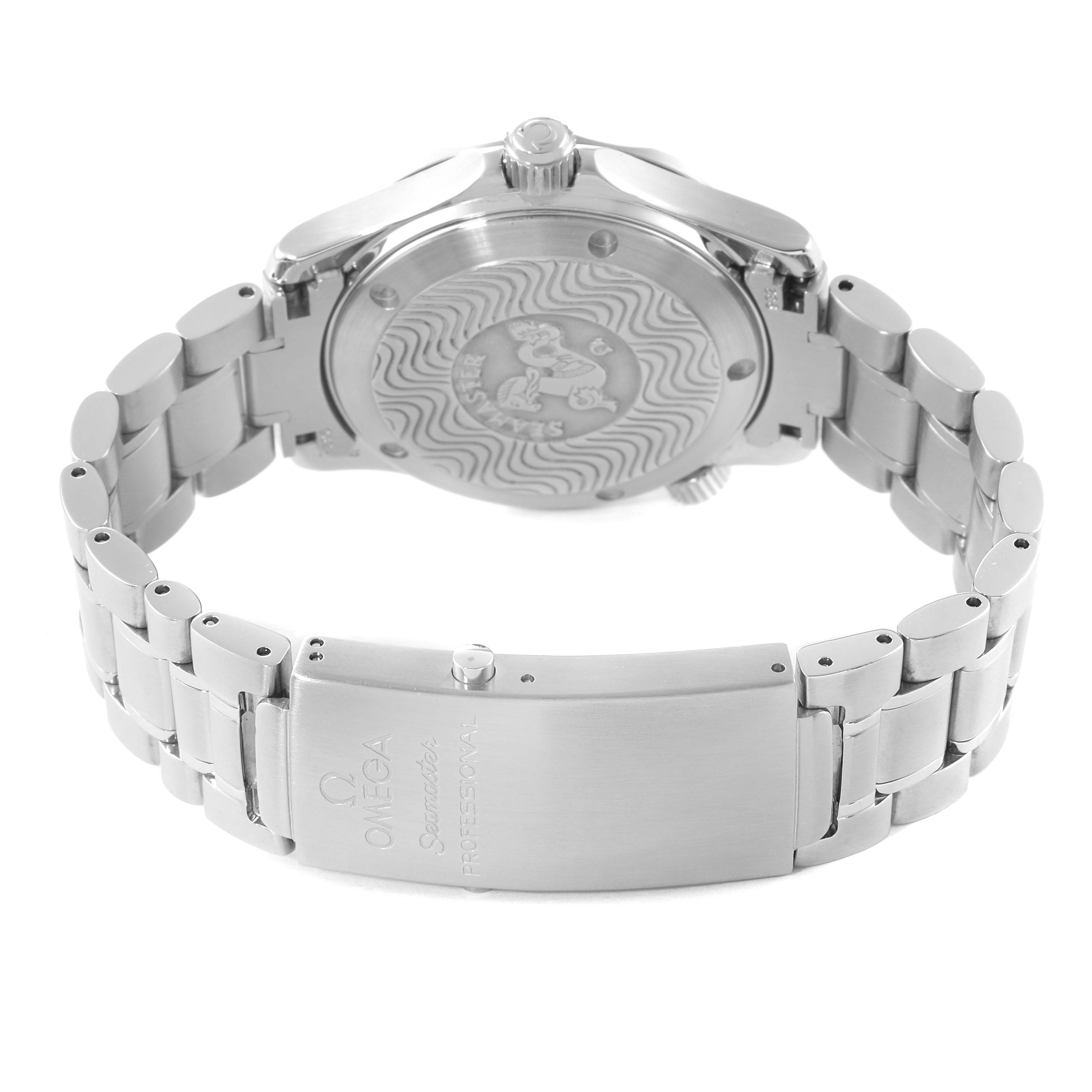 This image shows the backside and clasp of the Omega Seamaster 2262.50.00 Men's Stainless Steel Black Dial 2262.50.00 Men's Stainless Steel Black Dial watch, highlighting the case back and bracelet.