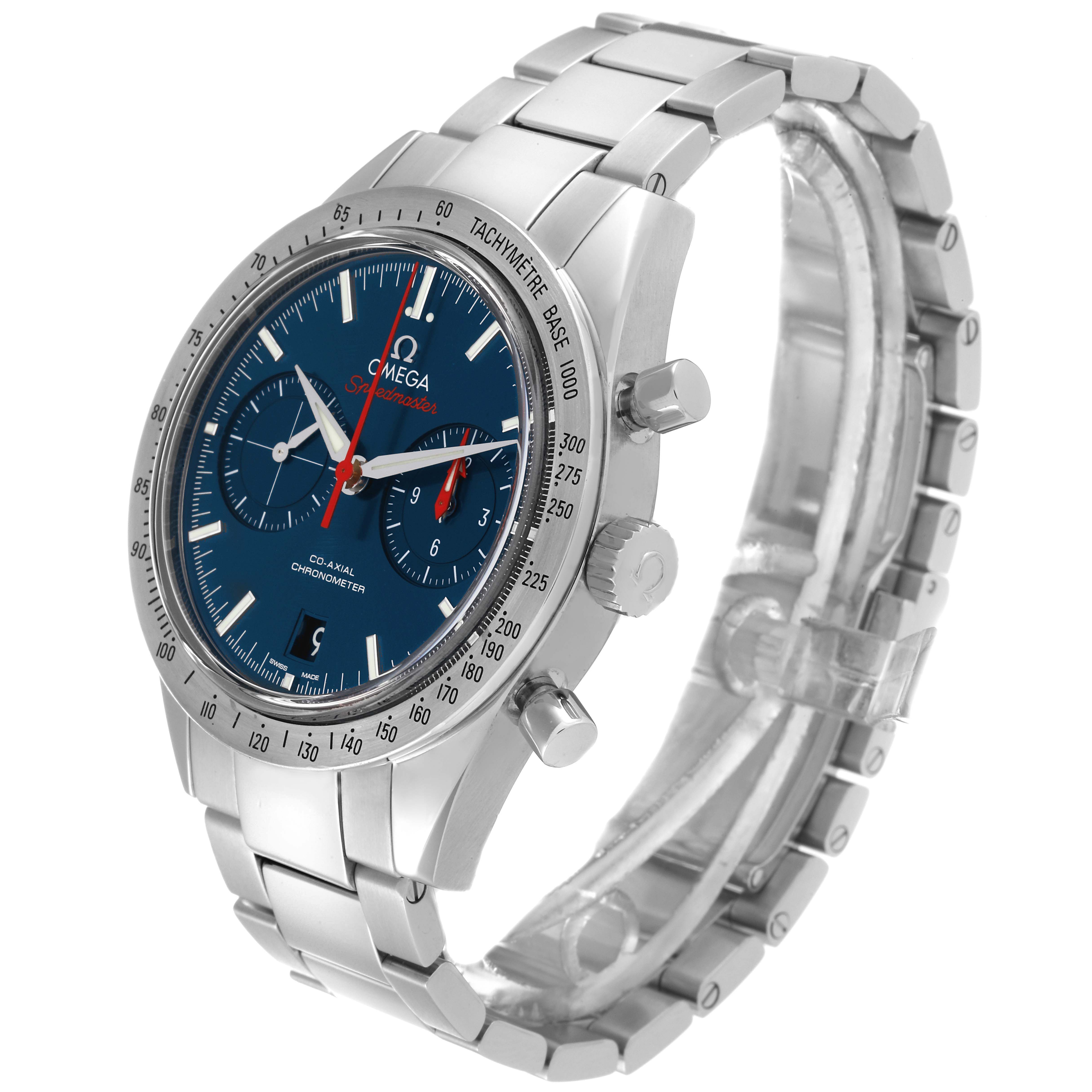 The image shows a side angle view of an Omega Speedmaster 331.10.42.51.03.001 Men's Stainless Steel Blue Dial 331.10.42.51.03.001 Men's Stainless Steel Blue Dial watch, displaying the face, bezel, crown, pushers, and bracelet.