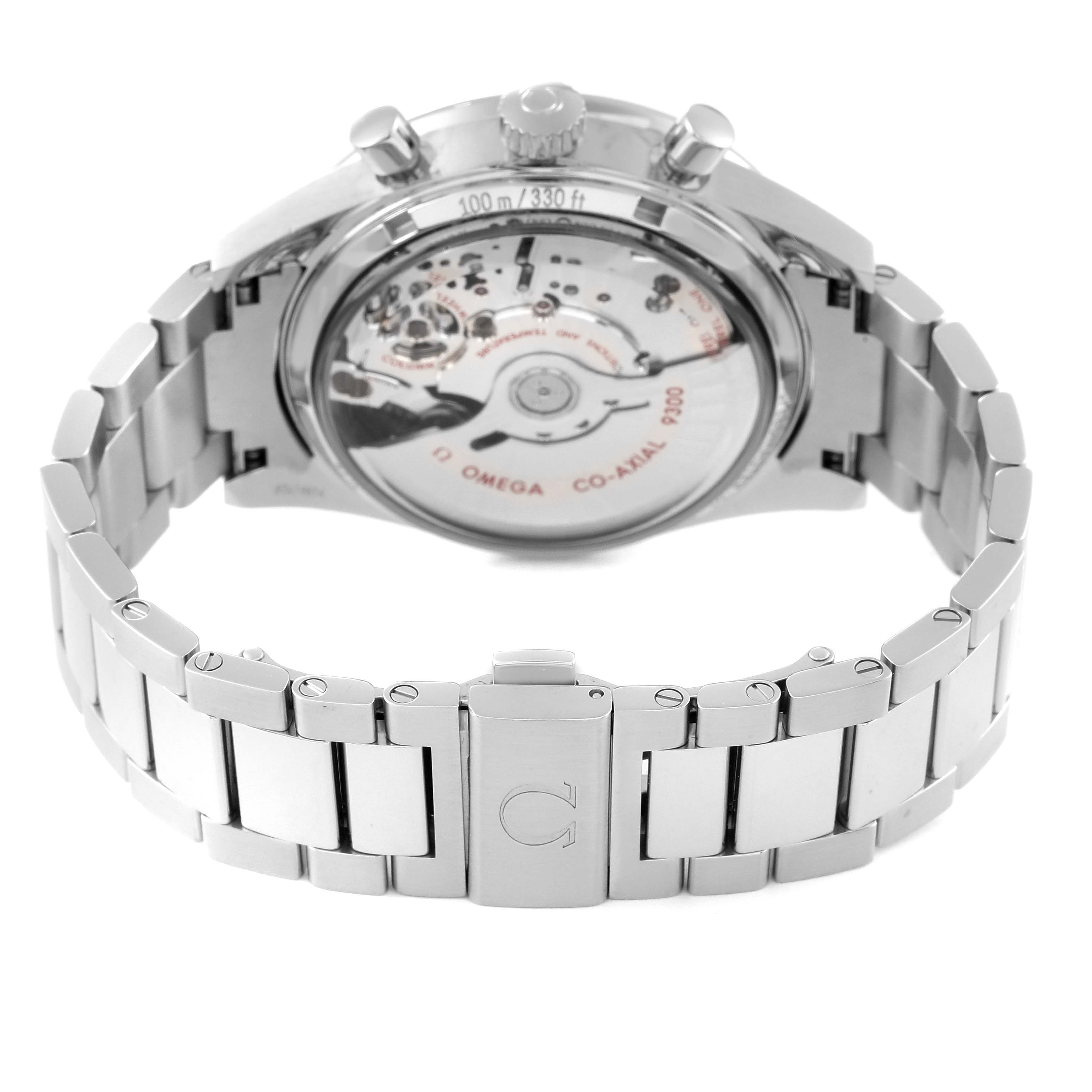 The image shows the back view of an Omega Speedmaster 331.10.42.51.03.001 Men's Stainless Steel Blue Dial 331.10.42.51.03.001 Men's Stainless Steel Blue Dial watch, highlighting its transparent case back and stainless steel bracelet.