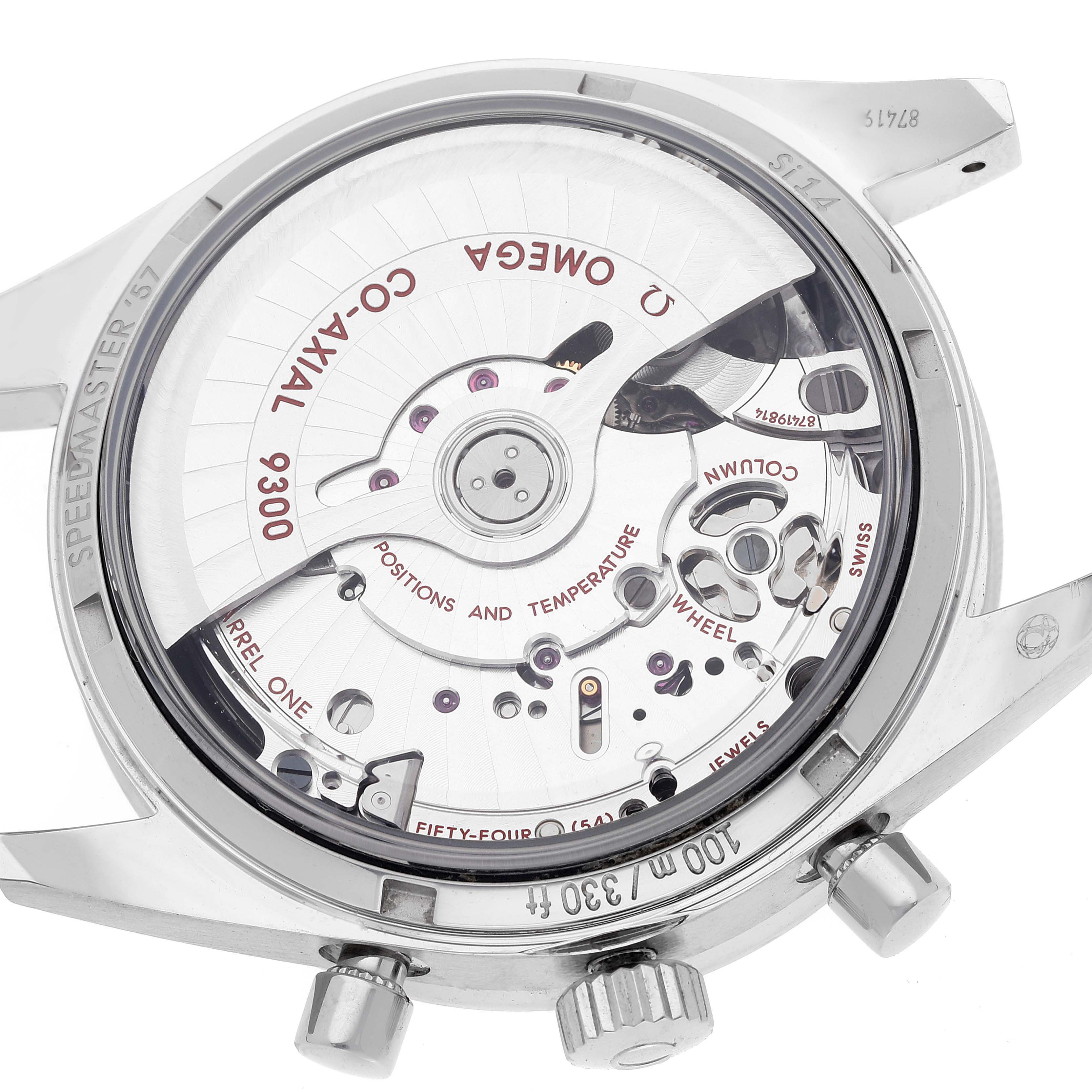 The image shows the back view of the Omega Speedmaster 331.10.42.51.03.001 Men's Stainless Steel Blue Dial 331.10.42.51.03.001 Men's Stainless Steel Blue Dial watch, revealing its intricate movement and inner mechanisms.