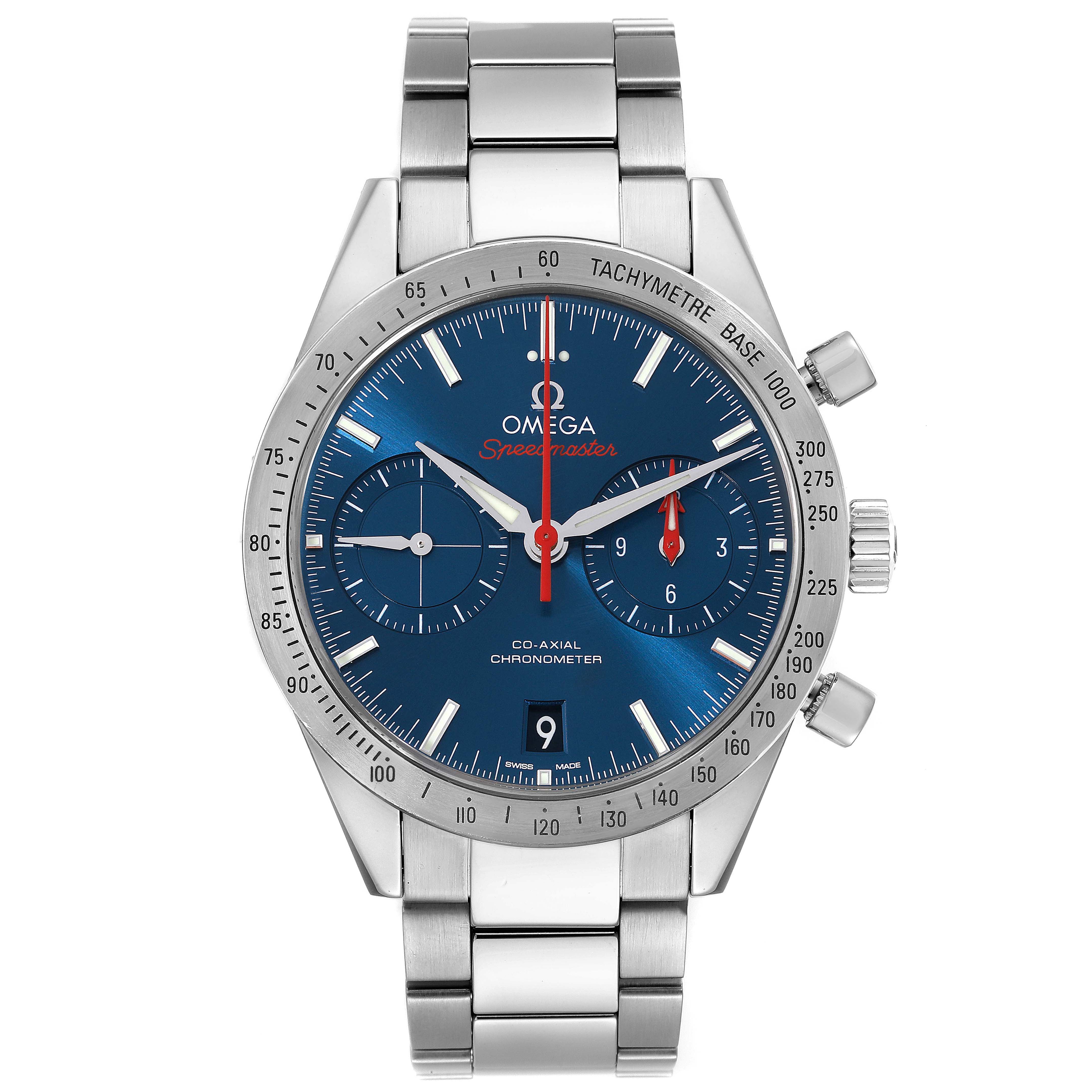 This is a frontal view of the Omega Speedmaster 331.10.42.51.03.001 Men's Stainless Steel Blue Dial 331.10.42.51.03.001 Men's Stainless Steel Blue Dial watch, showing the face, bezel, sub-dials, tachymeter, and bracelet.