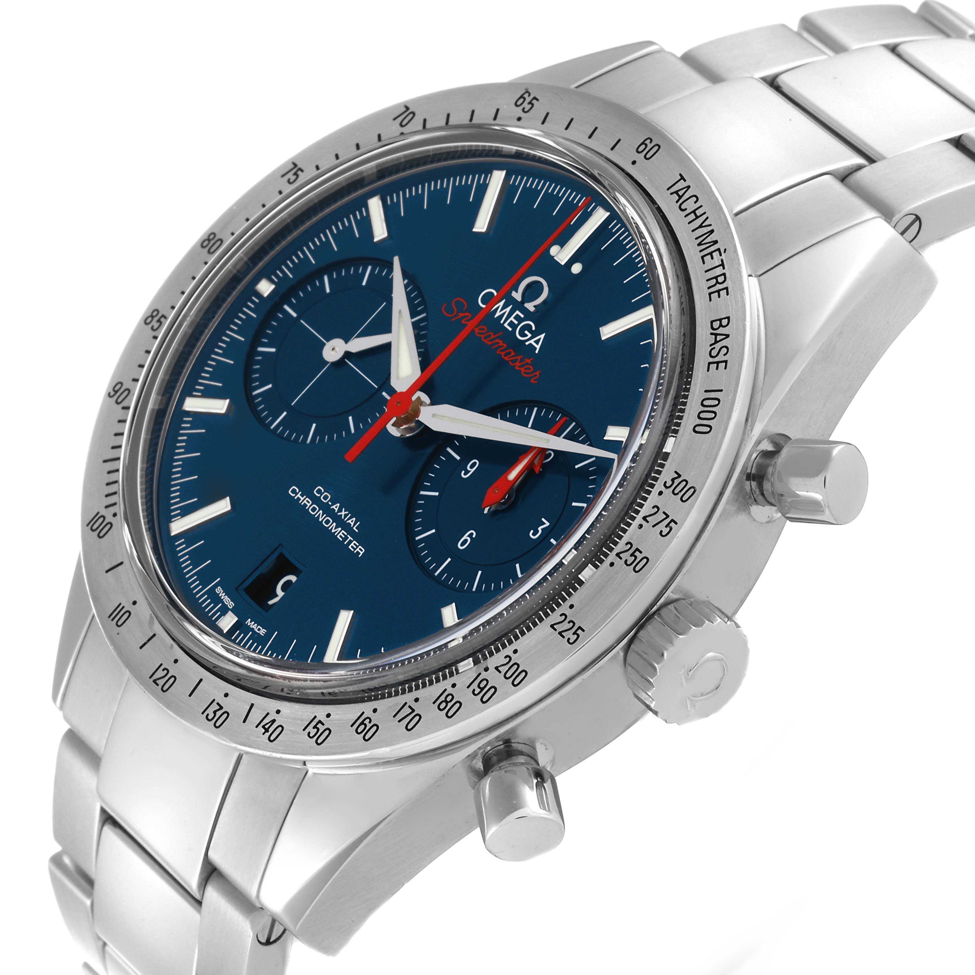 This image shows an Omega Speedmaster 331.10.42.51.03.001 Men's Stainless Steel Blue Dial 331.10.42.51.03.001 Men's Stainless Steel Blue Dial watch at an angled close-up, highlighting its blue dial, chronograph subdials, and stainless steel bracelet.