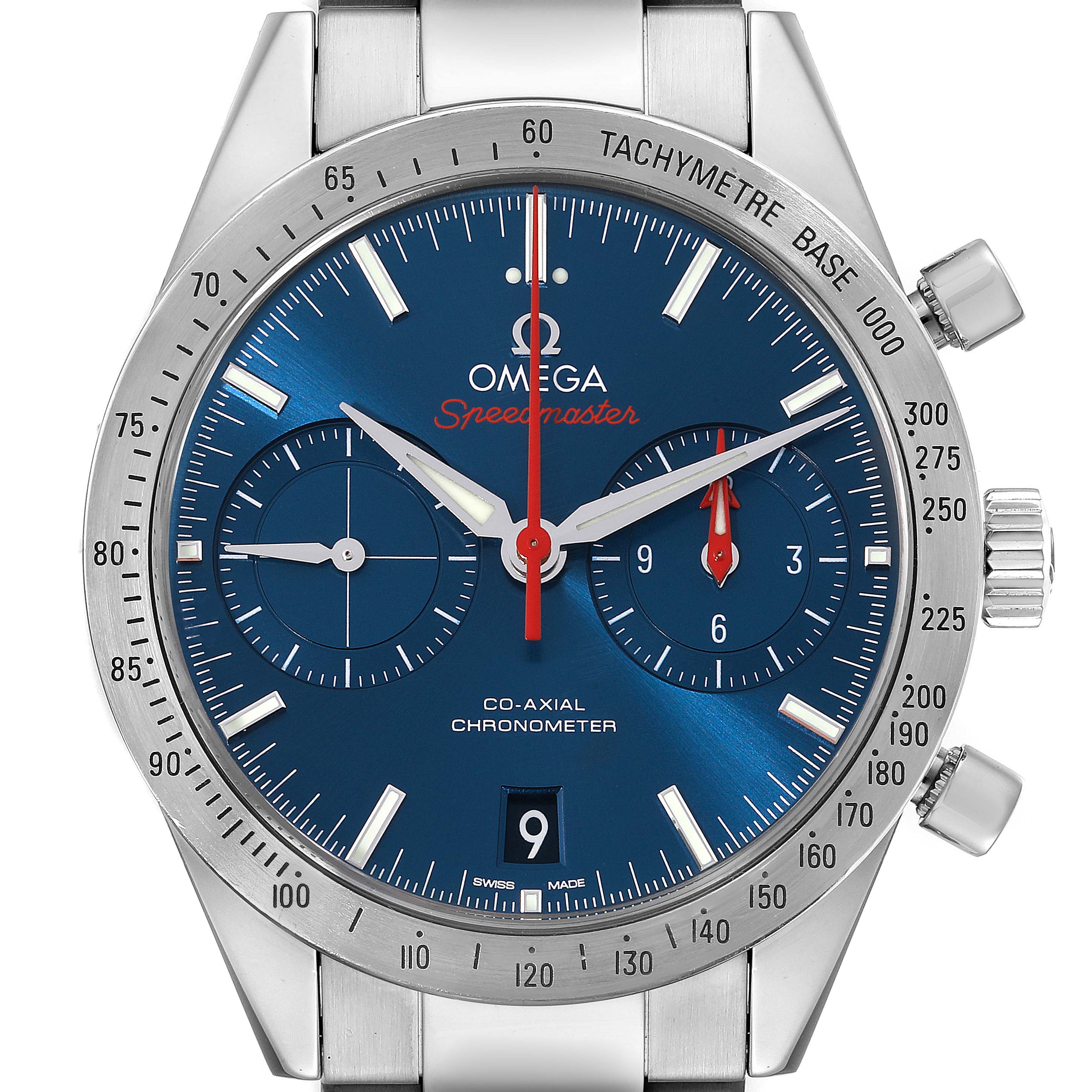 Front view of the Omega Speedmaster 331.10.42.51.03.001 Men's Stainless Steel Blue Dial 331.10.42.51.03.001 Men's Stainless Steel Blue Dial watch, displaying the face, hands, sub-dials, date window, and tachymeter bezel.