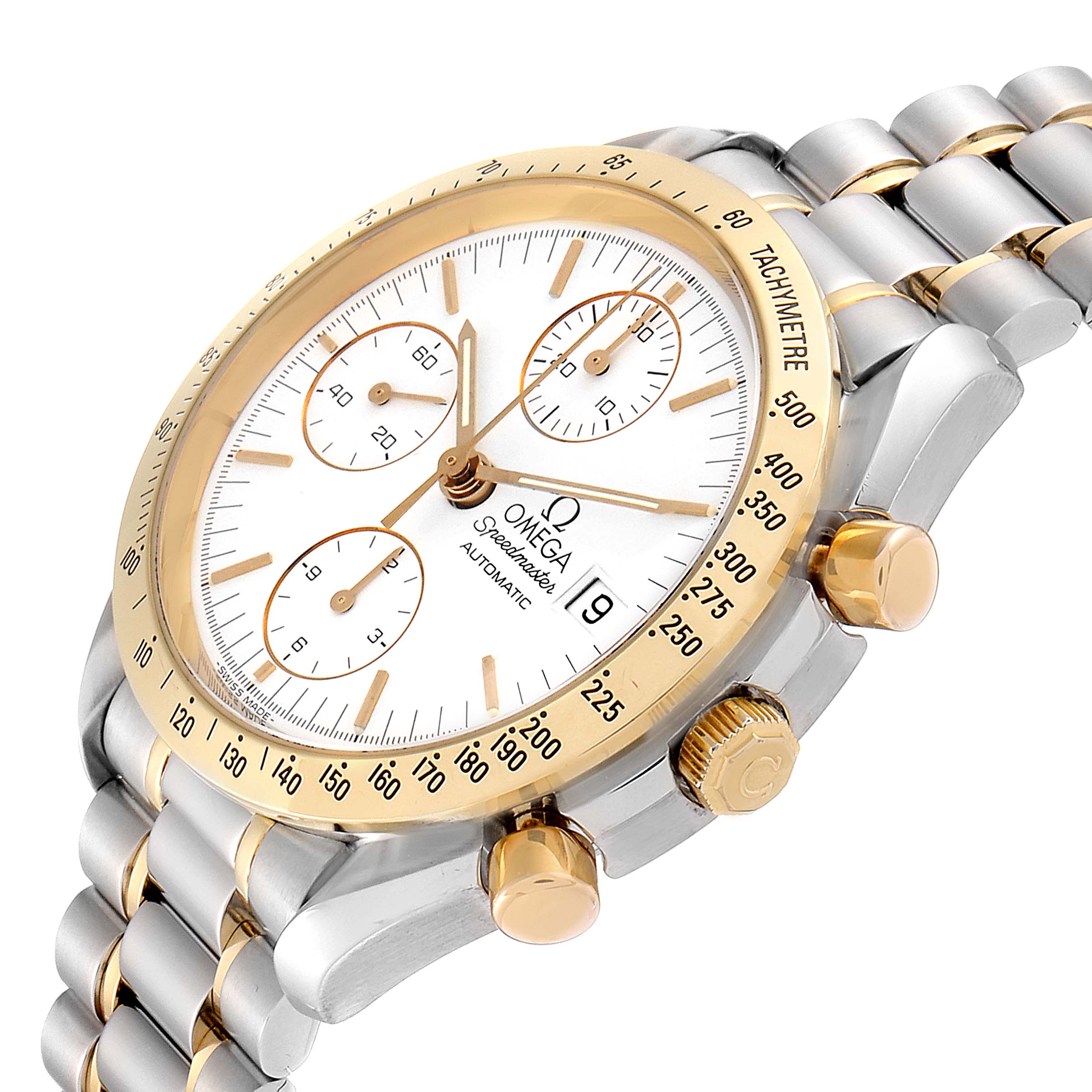 The Omega Speedmaster 3311.20.00 Men's Steel and Gold (two tone) White Dial 3311.20.00 Men's Steel and Gold (two tone) White Dial watch is shown at an angle displaying the face, bezel, crown, pushers, and part of the bracelet.