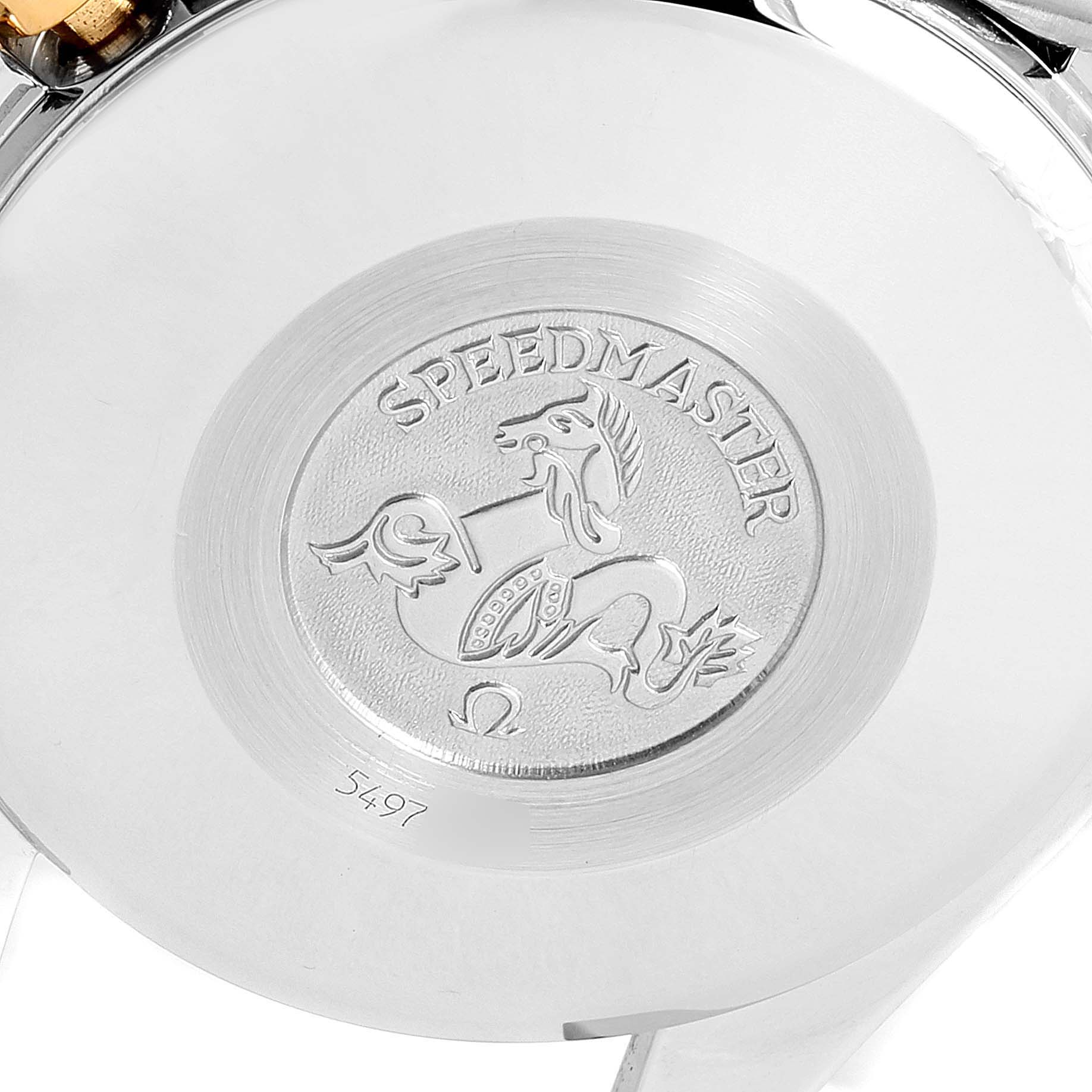 This image shows the engraved case back of the Omega Speedmaster 3311.20.00 Men's Steel and Gold (two tone) White Dial 3311.20.00 Men's Steel and Gold (two tone) White Dial watch.